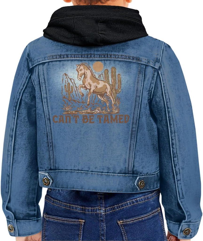 Can't Be Tamed Toddler Hooded Denim Jacket - Cowboy Themed Stuff - Cowboy Boy Stuff - Denim with Black, 18-24 Months