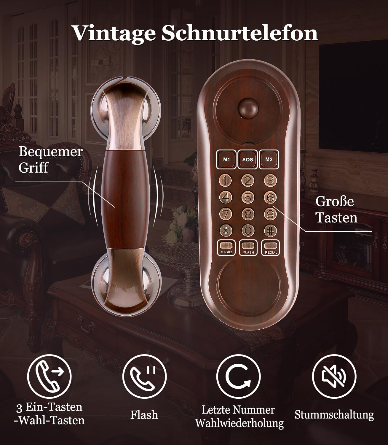 Retro Telefon Wandtelefon mit Metallklingel Vintage Schnurtelefon, Analog, Lautstärkeregler, Nostalgie Telefon, altes Telefon mit EIN-Tasten-Wahl Ideal für Zuhause, Küche, Büro, Haustelefon