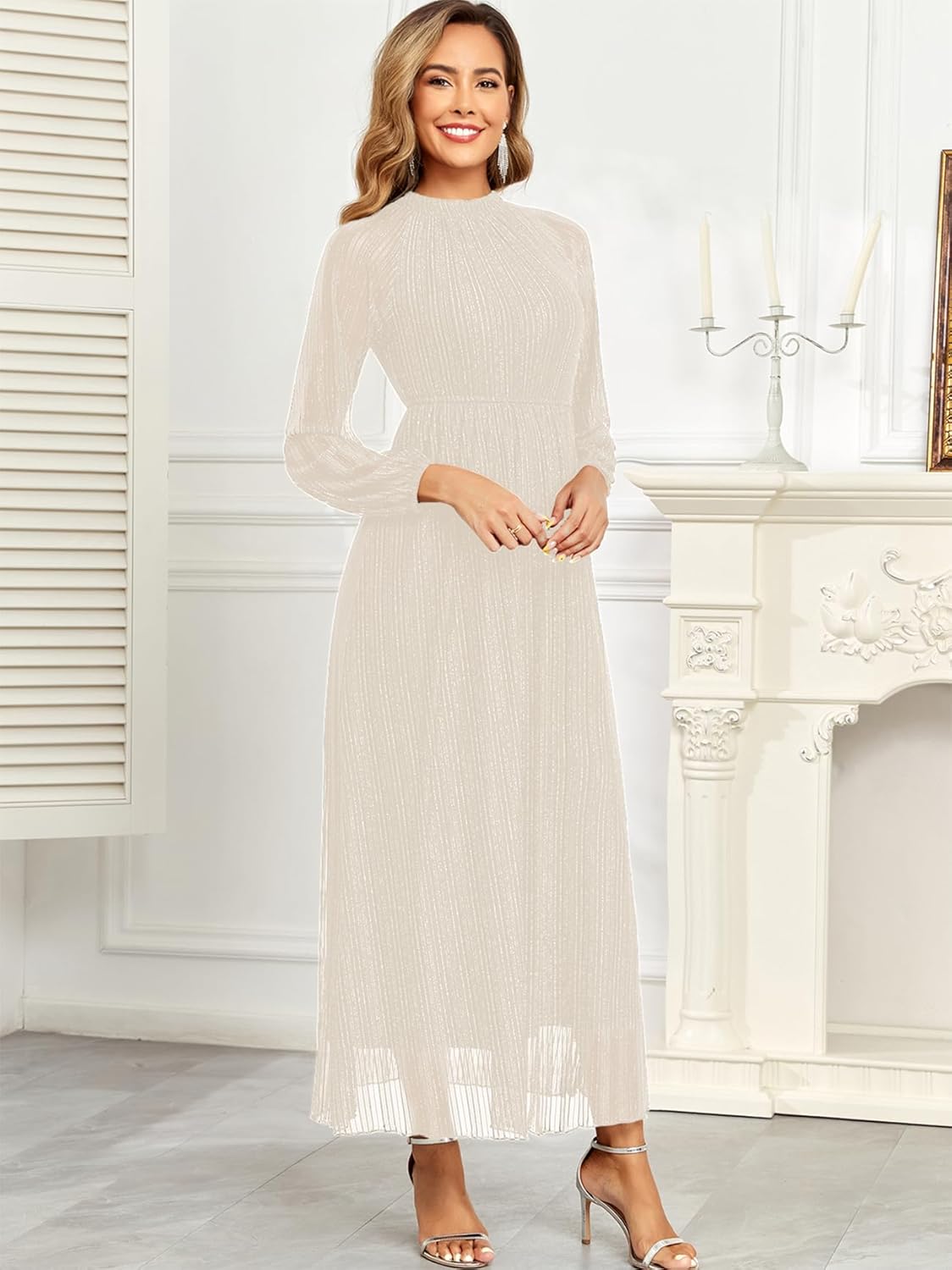 CYCLAMEN Formal Maternity Dress Sparkly Halter Neck A-Line Maxi Gown Baby Shower Pregnancy Photoshoot Wedding Guests, Off-White, S - Image 6