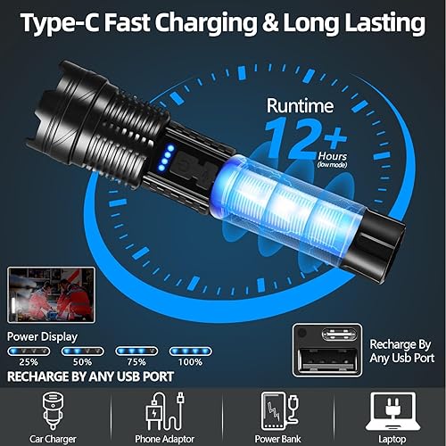 Miniatura 5 de Paquete de 2 linternas LED recargables, 90,000 lúmenes altos, luz de flash súper brillante, 7 modos con luz COB, IPX6 impermeable, linterna táctica