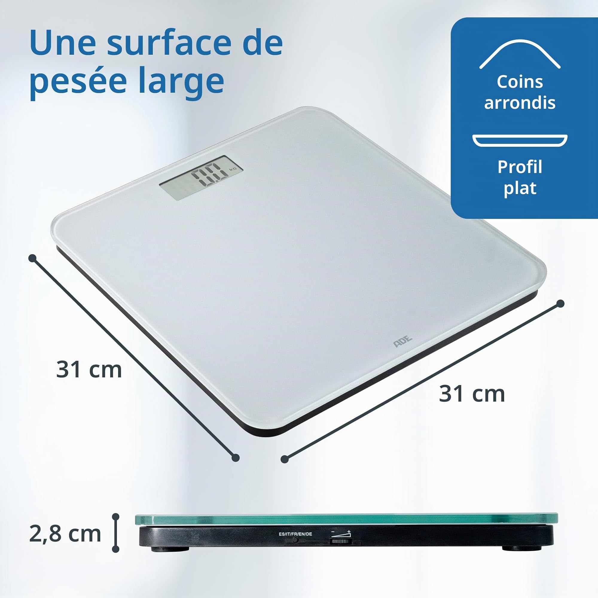 ADE Pèse-personne parlant Gina | Fonction vocale et annonce du poids jusqu'à 250 kg | 5 langues | Pèse-personne numérique en verre de sécurité