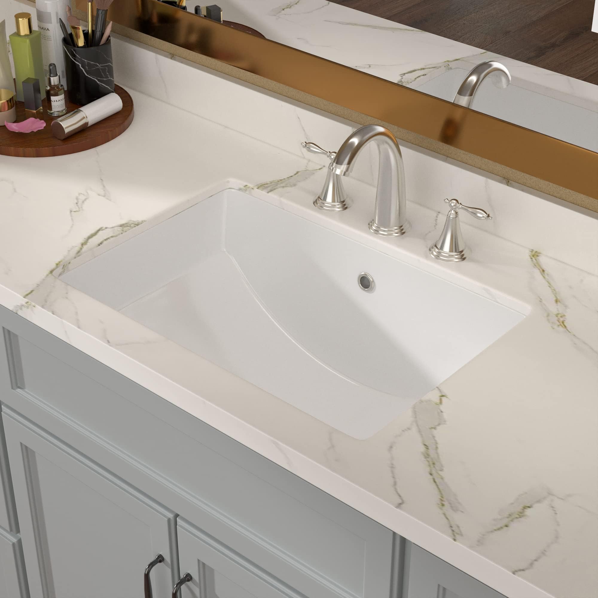 Lordear Fregadero de baño empotrado de 53 x 38 cm (tamaño del cuenco interior: 49 x 33 cm), rectangular, porcelana blanca, cerámica, lavabo bajo encimera, lavabo con desbordamiento