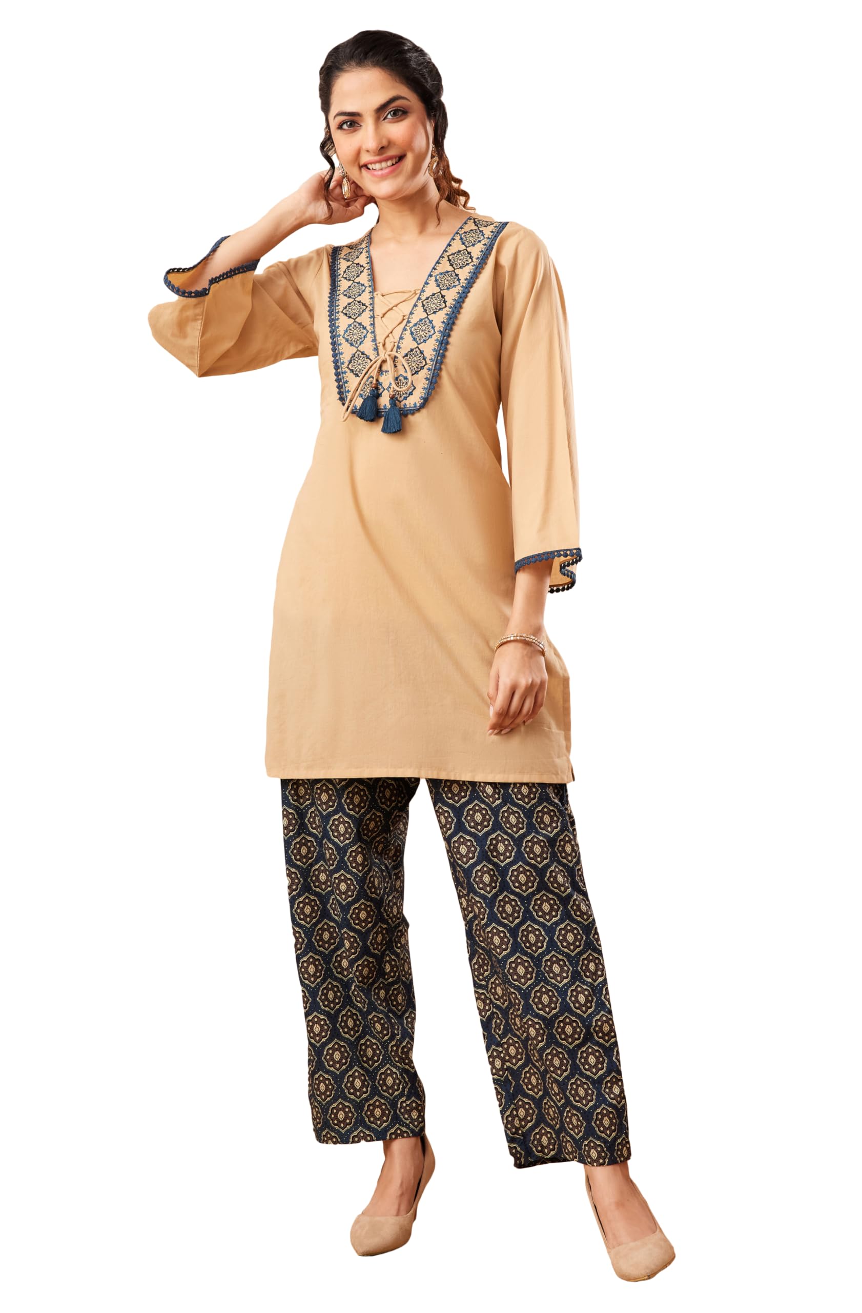 janasya Women's Beige Pure Cotton Yoke Embroidered Straight Co-ord Set-picture-12