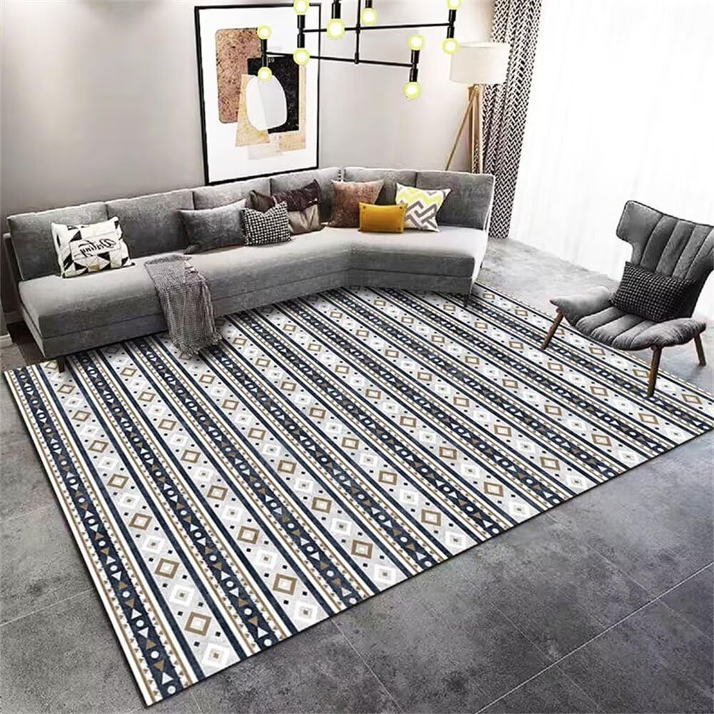 Tapis de salon lavable bleu gris 120x180 cm à motif géométrique moderne