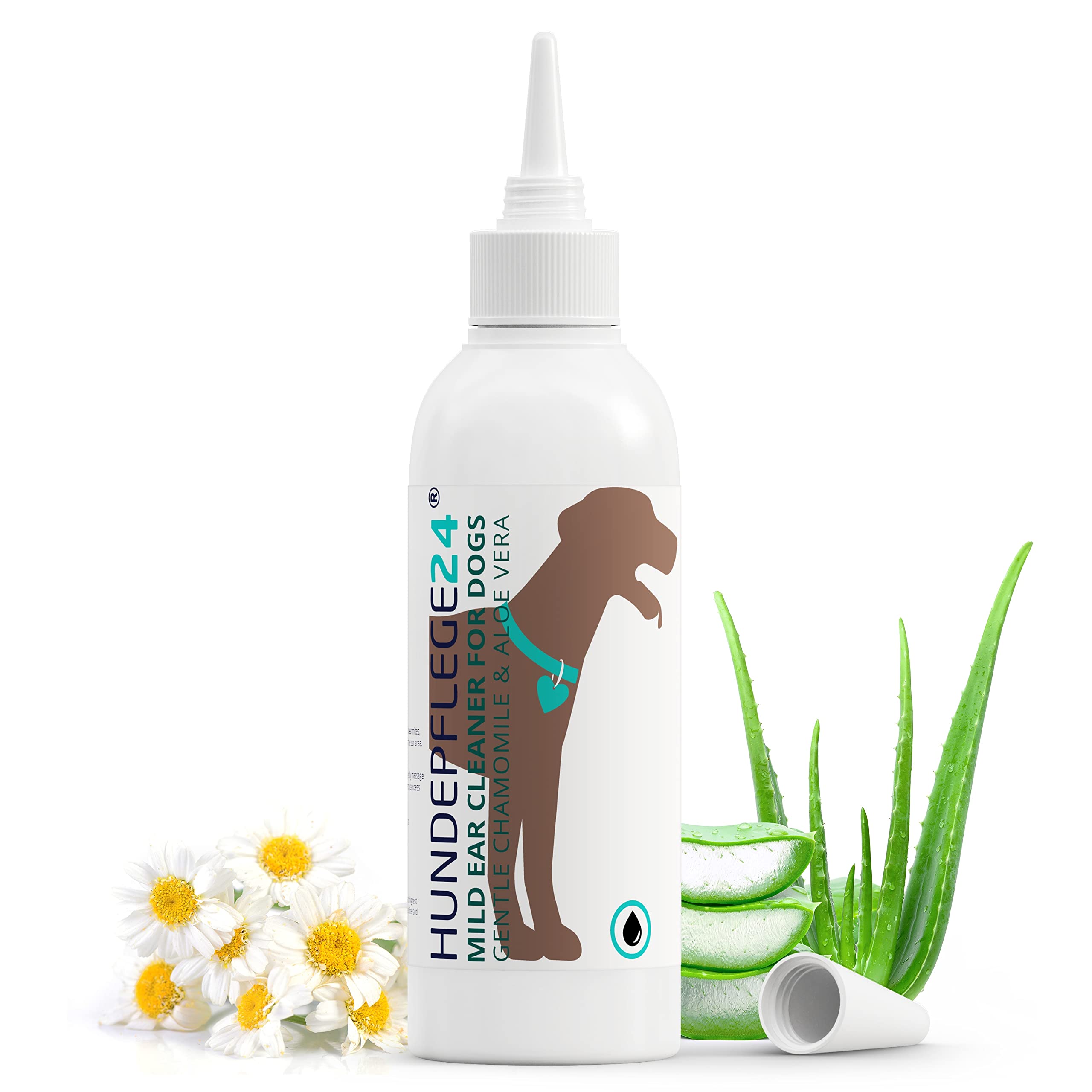 Hundepflege24Dog ear cleaner solution DAILY - Soothes itching, head shaking & odours within a few days - Ear Cleaner Dog & Cat - Natural dog ear drops with chamomile & aloe vera 250ml