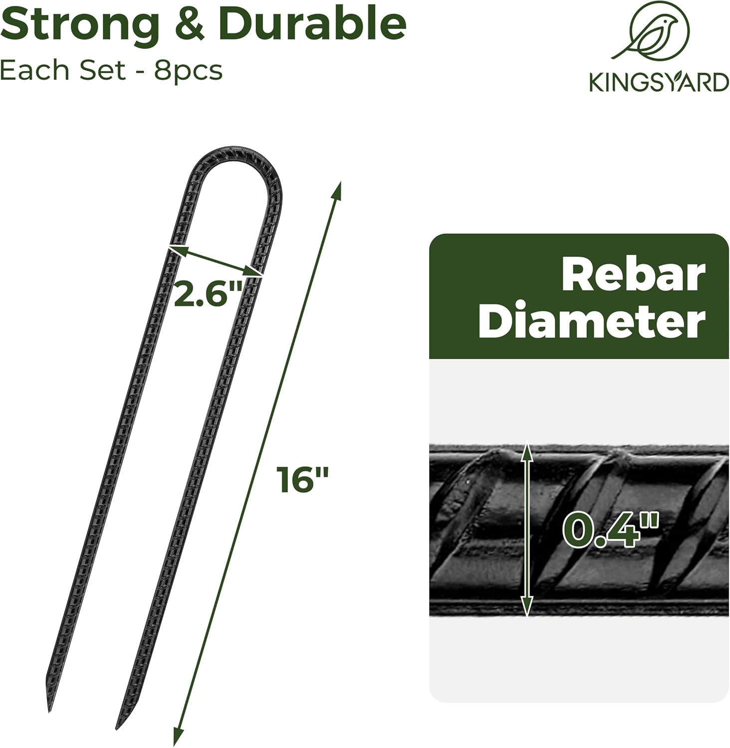 Kingsyard 16 Pack Trampolines Wind Stakes-16 Inch Long, 0.4 Inch Diameter Galvanized Steel U Hook Rebar Stakes, Multi-Purpose Heavy Duty Ground Anchors for Tent, Fences, Swing, Landscape, Black