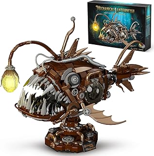 Mechanical Angler Fish Building Set with Lights, 1236PCS Movable Lantern Fish Building Blocks Collection Toy for Home Office Decor, Compatible with LEGO Fish, for Adults Boys 6-14