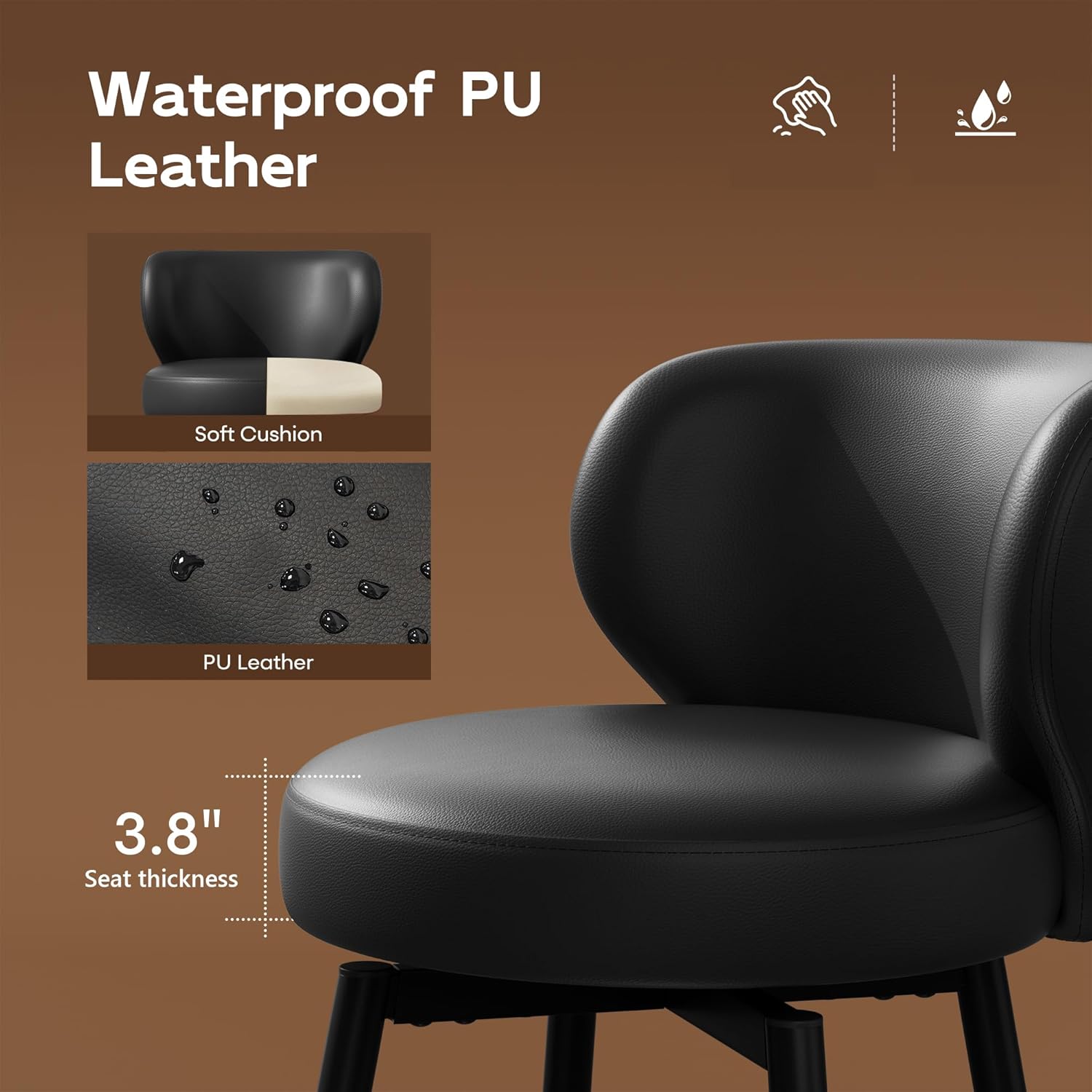 Bar Stools Set of 4, 26" Counter Height Swivel Bar Stools, Upholstered Leather Barstools with Back Footrest Metal Legs, Stools for Kitchen Island, Home Bar, Dining Room Black