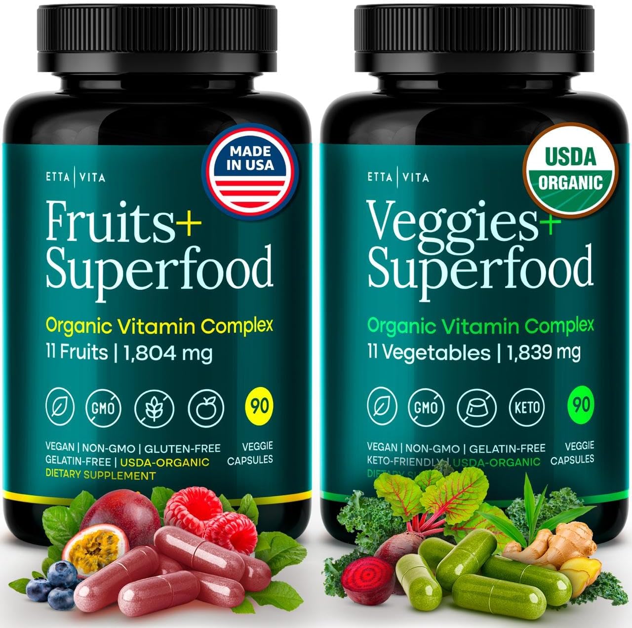 100% Organic Fruits and Veggies Supplement (USDA Organic - Made in USA) 180 Potent Fruits and Vegetable Capsules for Energy Boost & Daily Fruit and Vegetable Vitamins - Vegan, Non-GMO, Gluten-Free