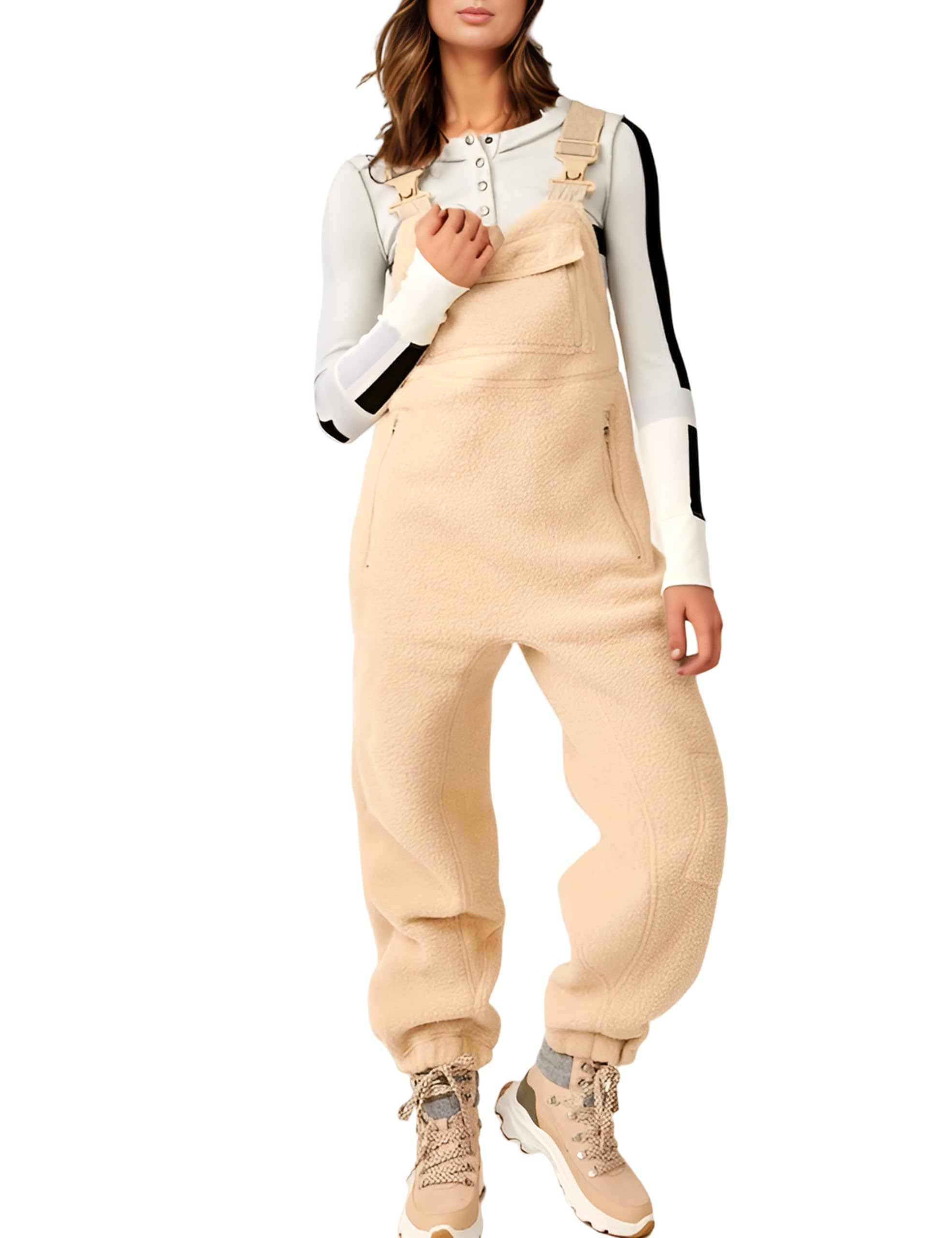 Warm Fleece Overalls for Women Winter Fuzzy Jumpsuits Adjustable Strap Sleeveless Fluffy Pants with Pockets