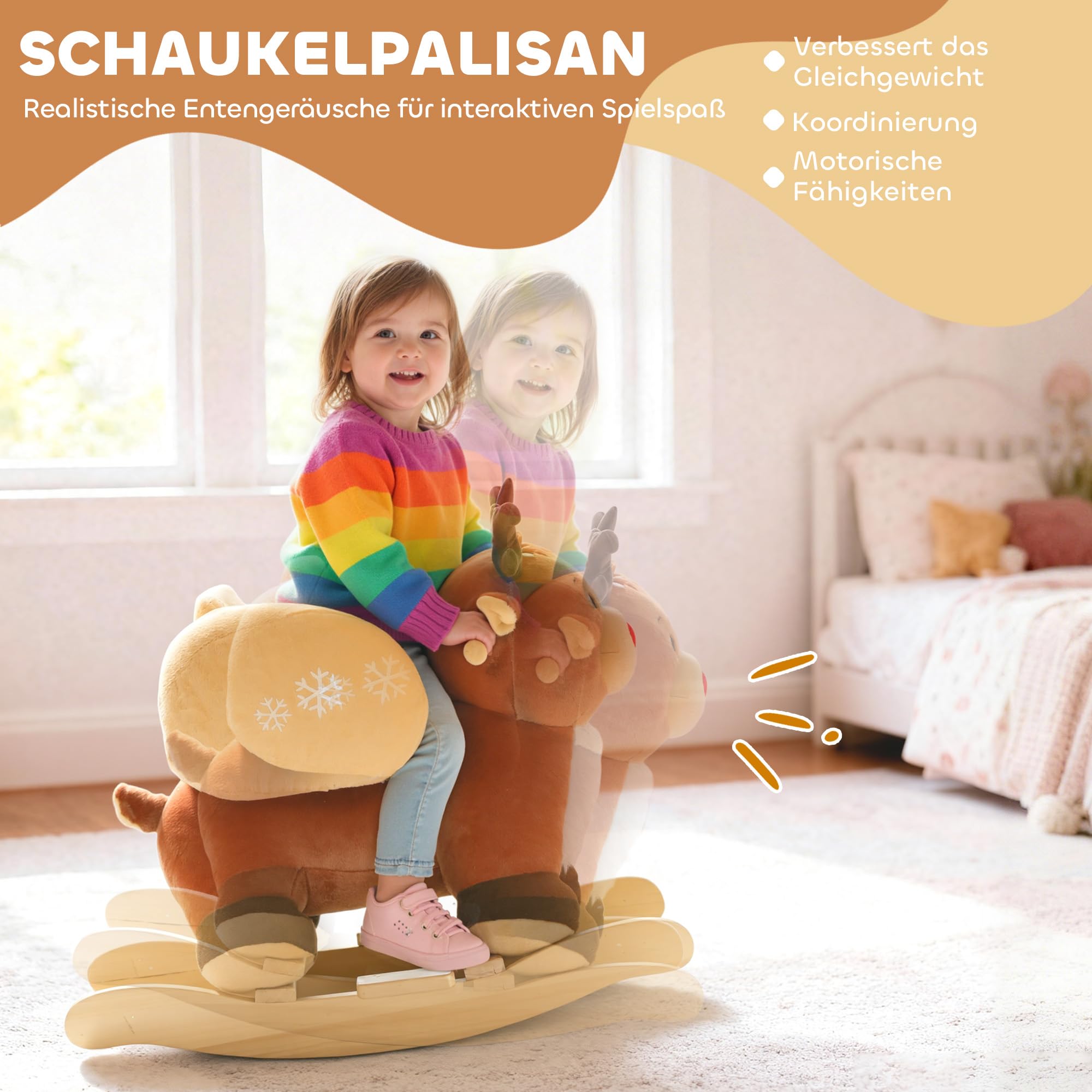 AIYAPLAY Kinder Schaukelpferd Rentier 18-36 Monate Braun 65 x 32 x 55 cm | Baby Schaukeltier, Mit Schlafliedern, Mit Sicherheitsgurt, Plüsch