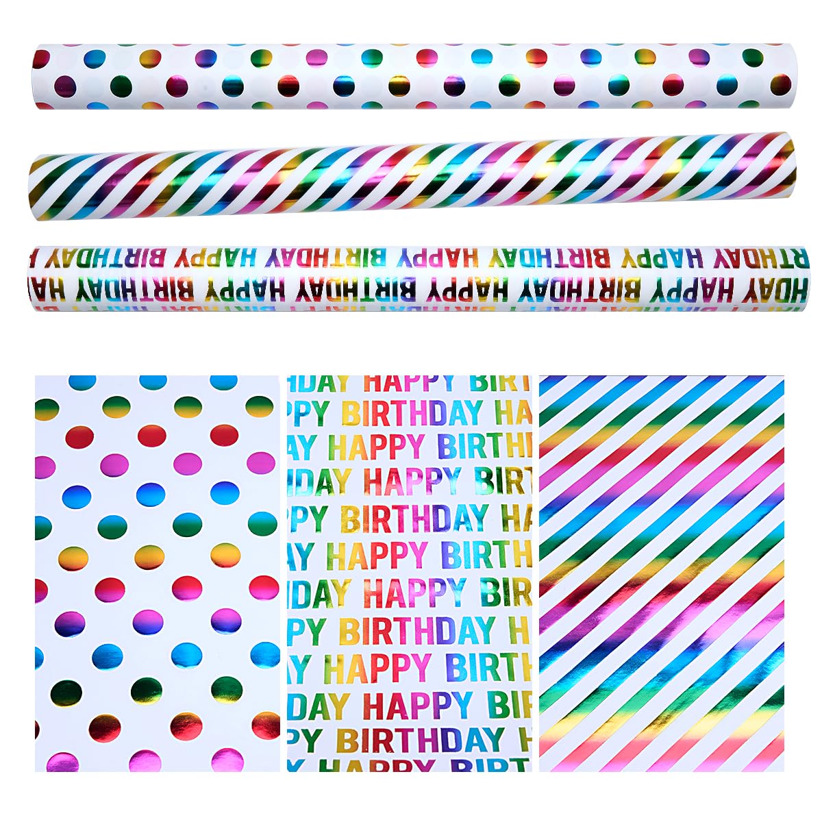 3 Rotoli Carta Regalo Compleanno – Kraft Riciclabile Con Pois, Stelle E Scritta Happy Birthday, 43 Cm X 3 M