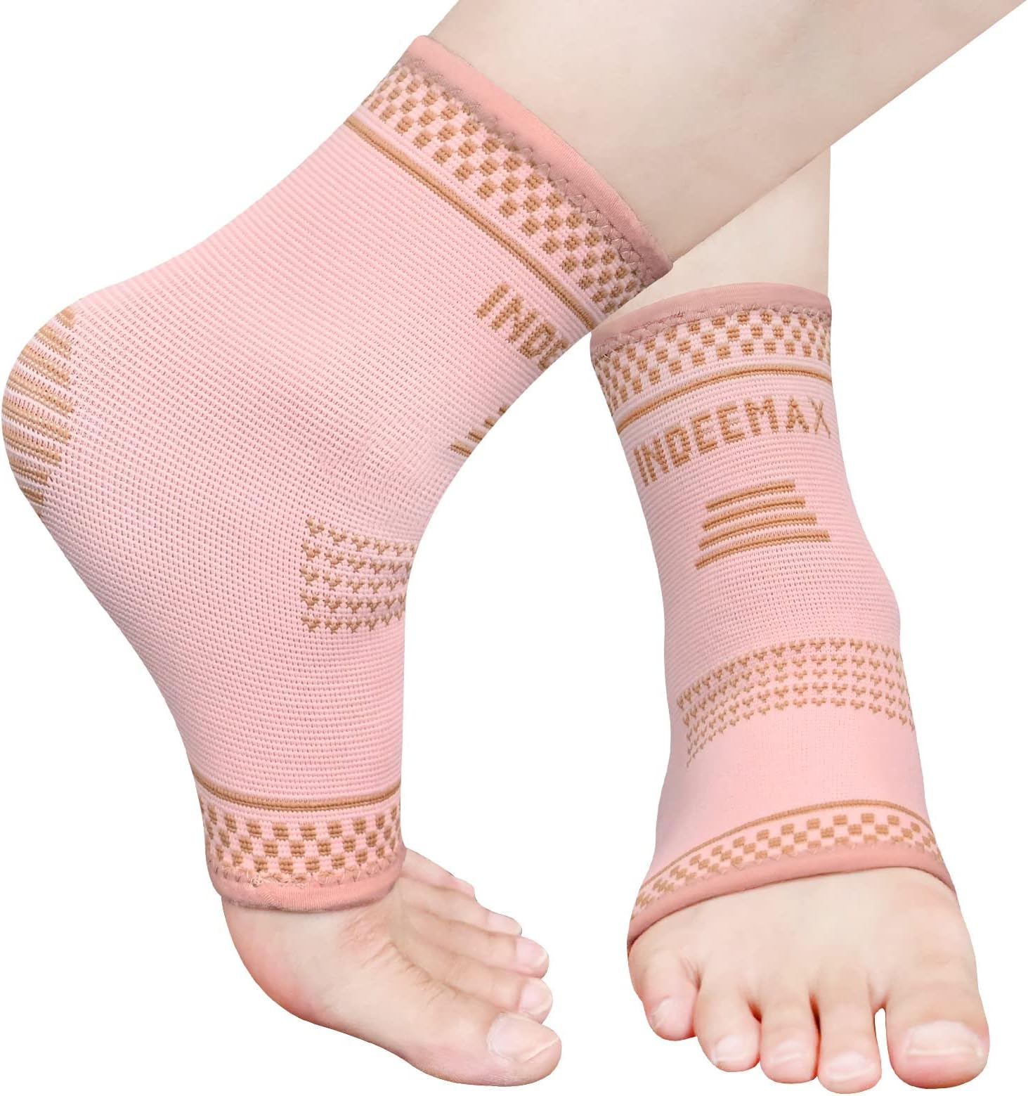 INDEEMAX Copper Ankle Brace for Women Men, Left and Right Foot Compression Support Sleeve Ankle Wrap Socks for Plantar Fasciitis, Sprained, Football, Running (Golden Pink, Large)