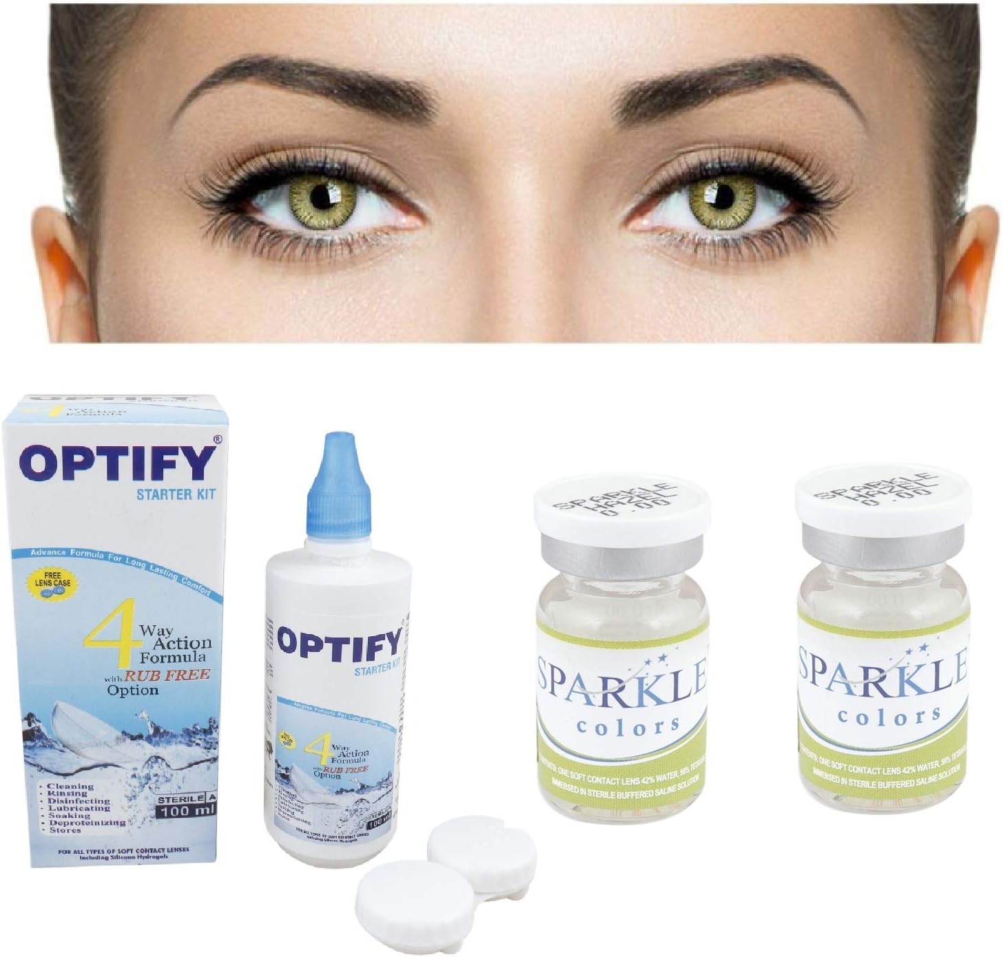 Optify Sparkle Hazel Color Contact lenses with power yearly disposable & contact lens solution Yearly