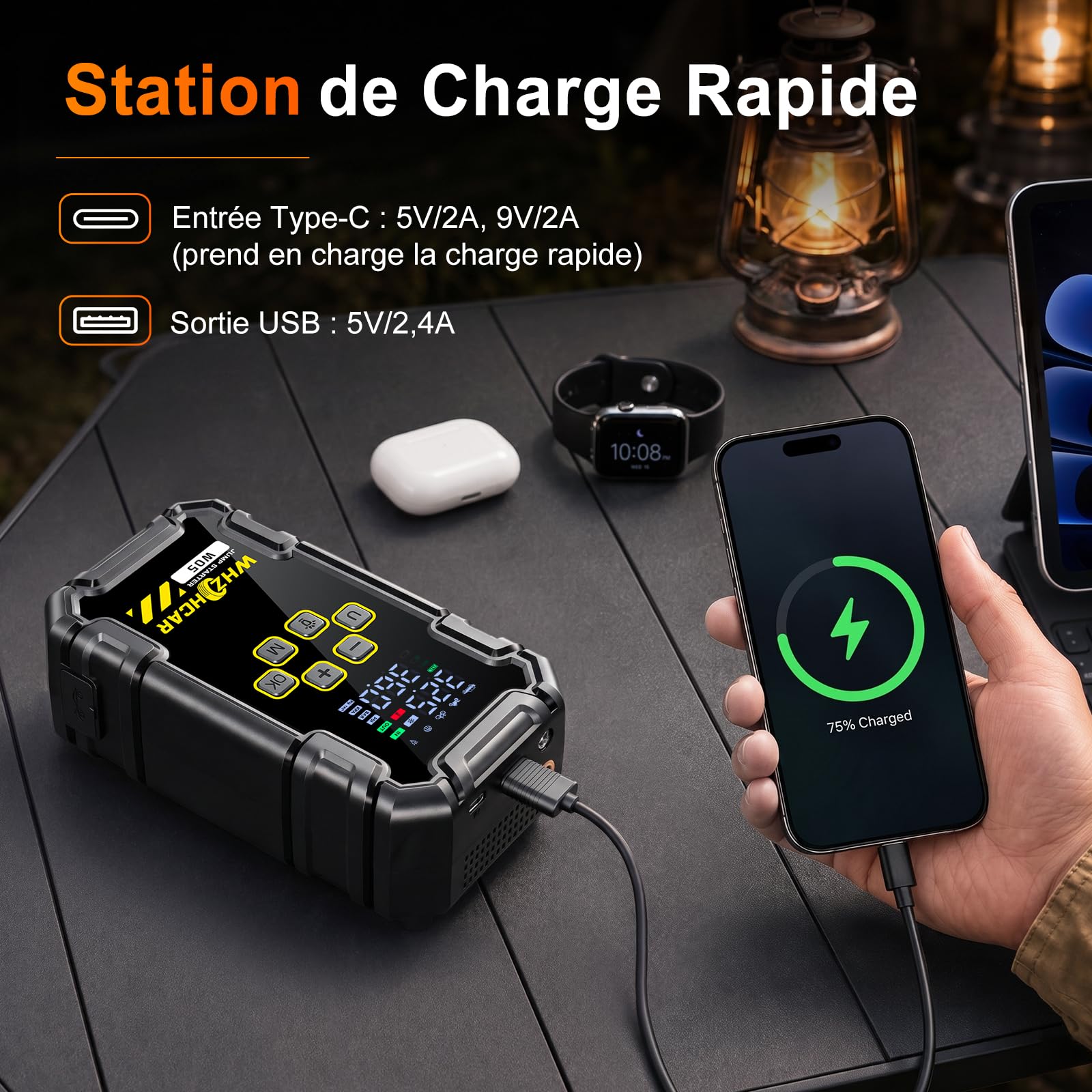 Booster Batterie Voiture 9000A avec Compresseur 160PSI, Démarreur Batterie Voiture 12V pour Tous Gaz/10L Diesel, Jump Starter avec Gonfleur Pneus, Écran LCD et 2 Lampes LED