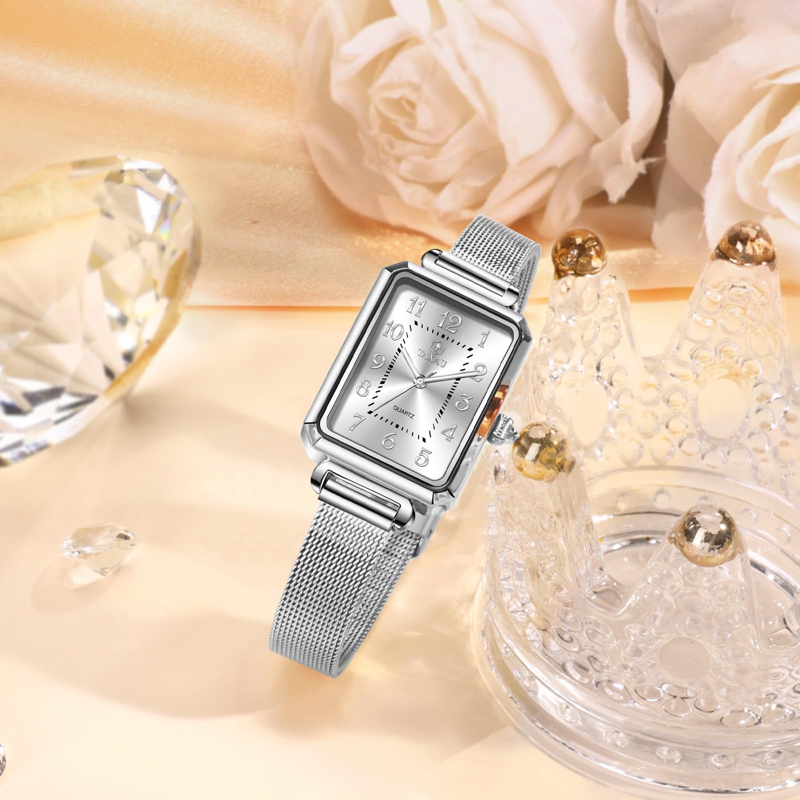 Taxau Reloj de pulsera rectangular para mujer con correa de malla de acero inoxidable, reloj de pulsera rectangular para mujer, reloj de pulsera de oro rosa, resistente al agua, elegante reloj de