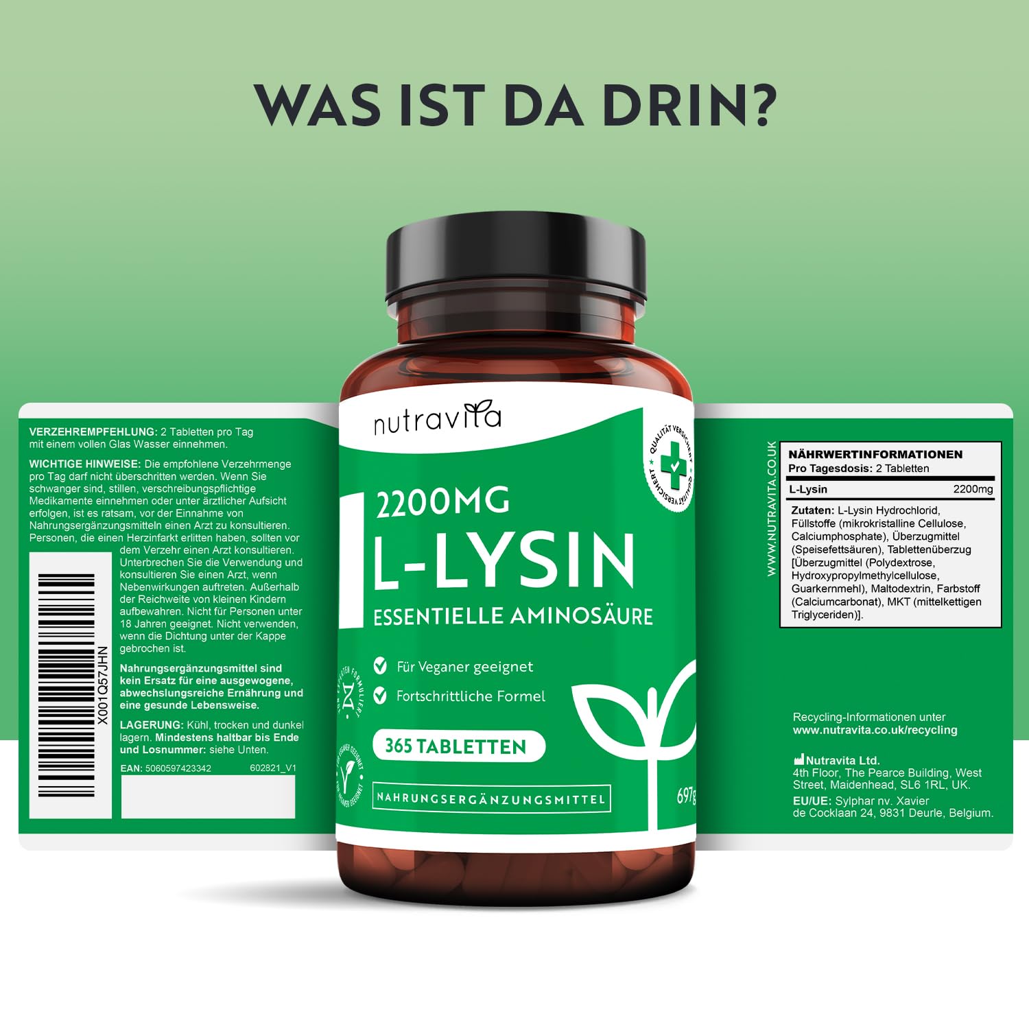 L-Lysin Tabletten Hochdosiert mit 2200 mg pro Tagesdosis - 365 Tabletten (6 Monate) - Essentielle Aminosäure - Aus pflanzlicher Fermentation - Laborgeprüft - für Vegetarier geeignet - Nutravita