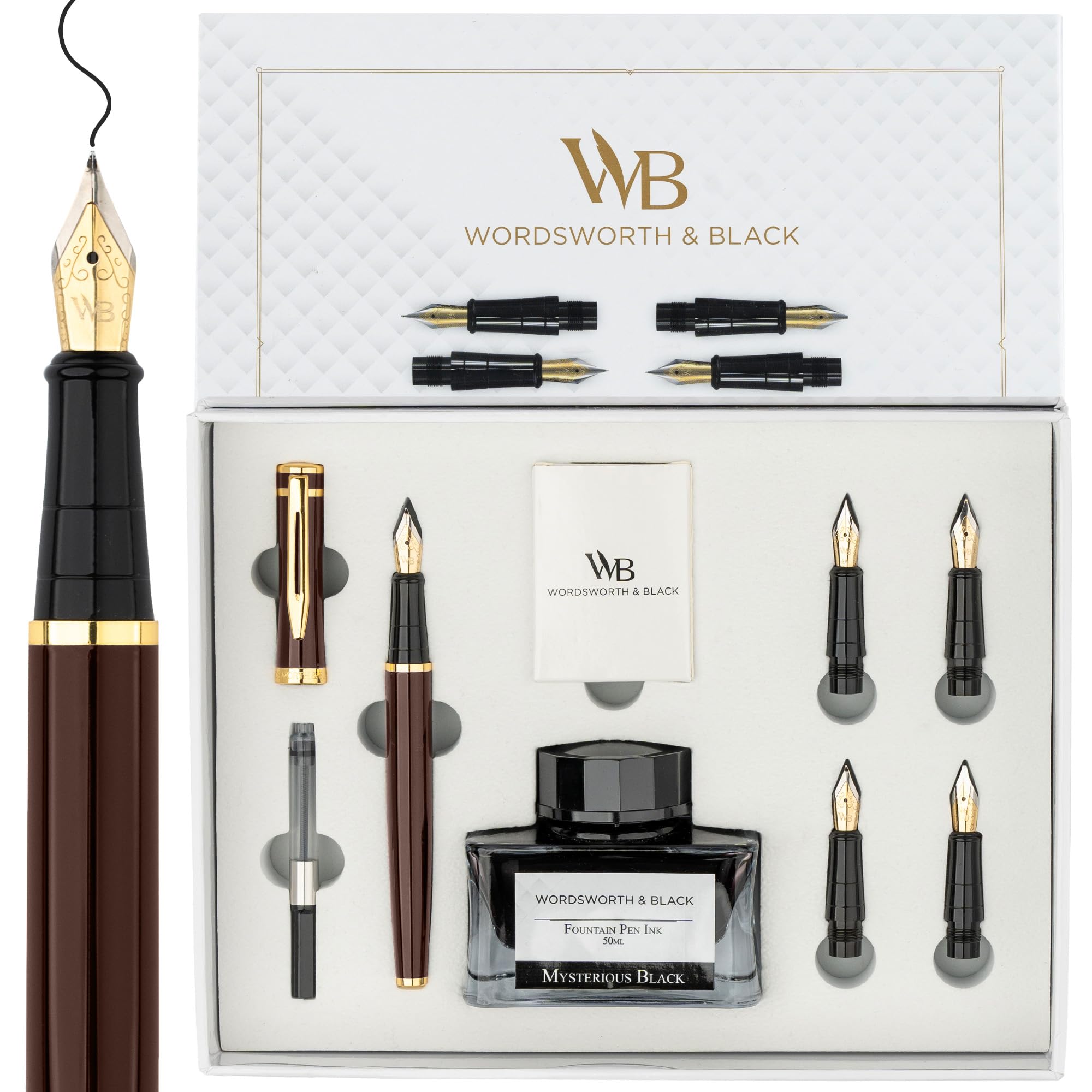 Wordsworth & Black Fountain Pen Gift Set, Includes Ink Bottle, 6 Ink Cartridges, A Refill Converter, 4 Replacement Nibs, Journaling, Calligraphy, Smooth Writing Pens [Brown Gold] — image 1