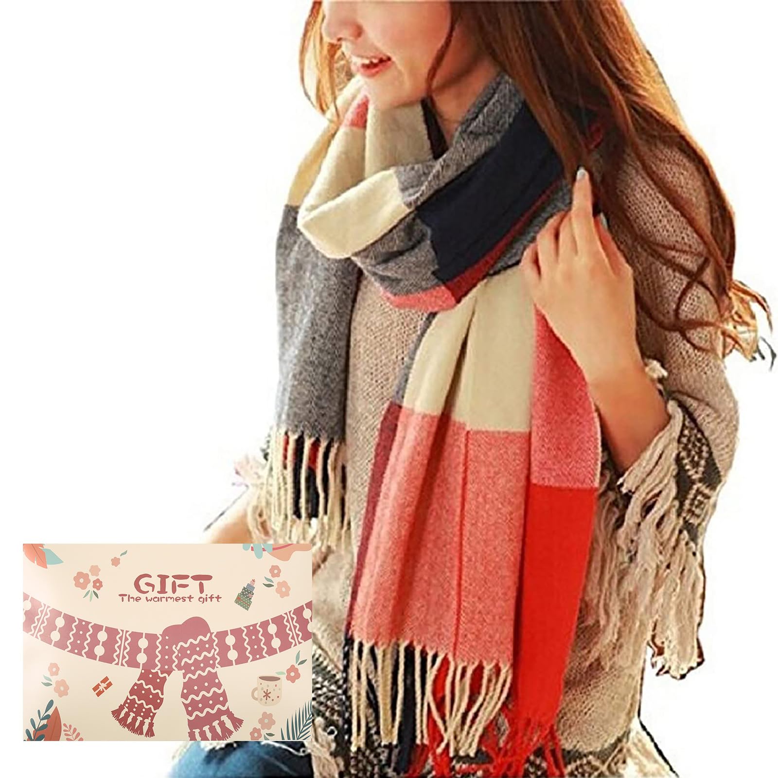 Christmas Gifts Ladies Scarf Winter Long Soft Warm Tartan Check Scarves Wraps for women Wool Spinning Tassel Shawl Long Stole