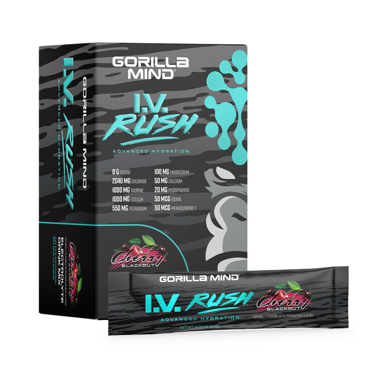 Gorilla Mind I.V. Rush™ Electrolyte Drink Mix | 12 Travel Sticks | Cherry Blackout