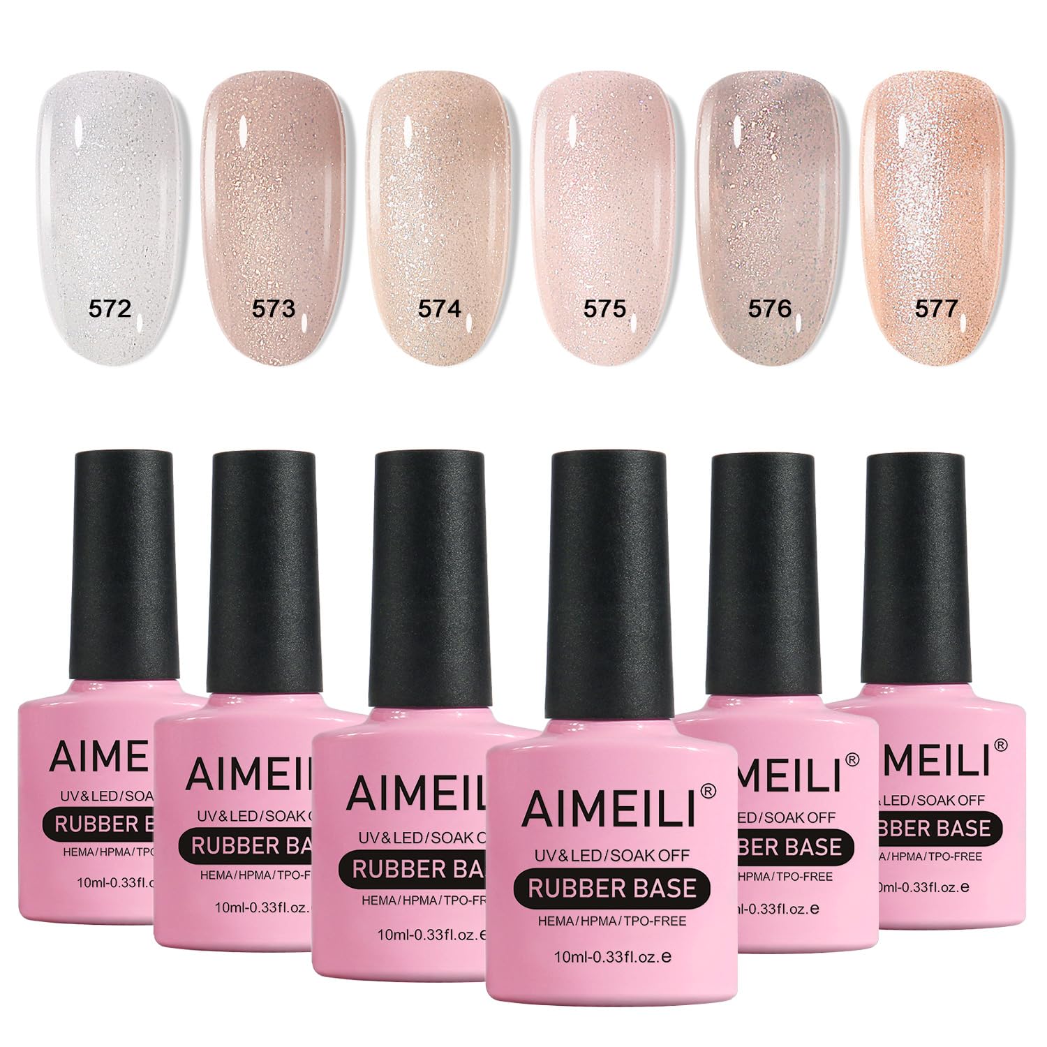 AIMEILI Rubber Base Gel For Nails, Soak Off U V LED Hema Free Clear Sheer Gel Nail Polish, 4 in 1 Nail Strengthen/Enhance/Base Coat/Color Gel Polish