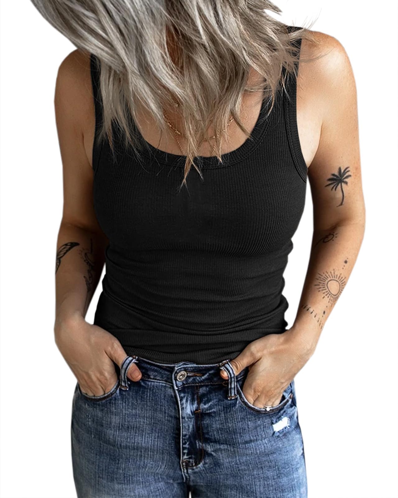 Fessceruna Damen Tops Sexy U-Ausschnitt Tank top Ärmellos Sommer Oberteile Gerippt Camisole mit Knöpfen