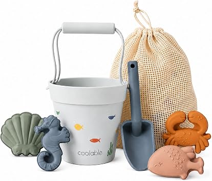 coolable Coffret de 6 Jouets de Plage en Silicone Souple avec Seau Pliable et Moules Marins