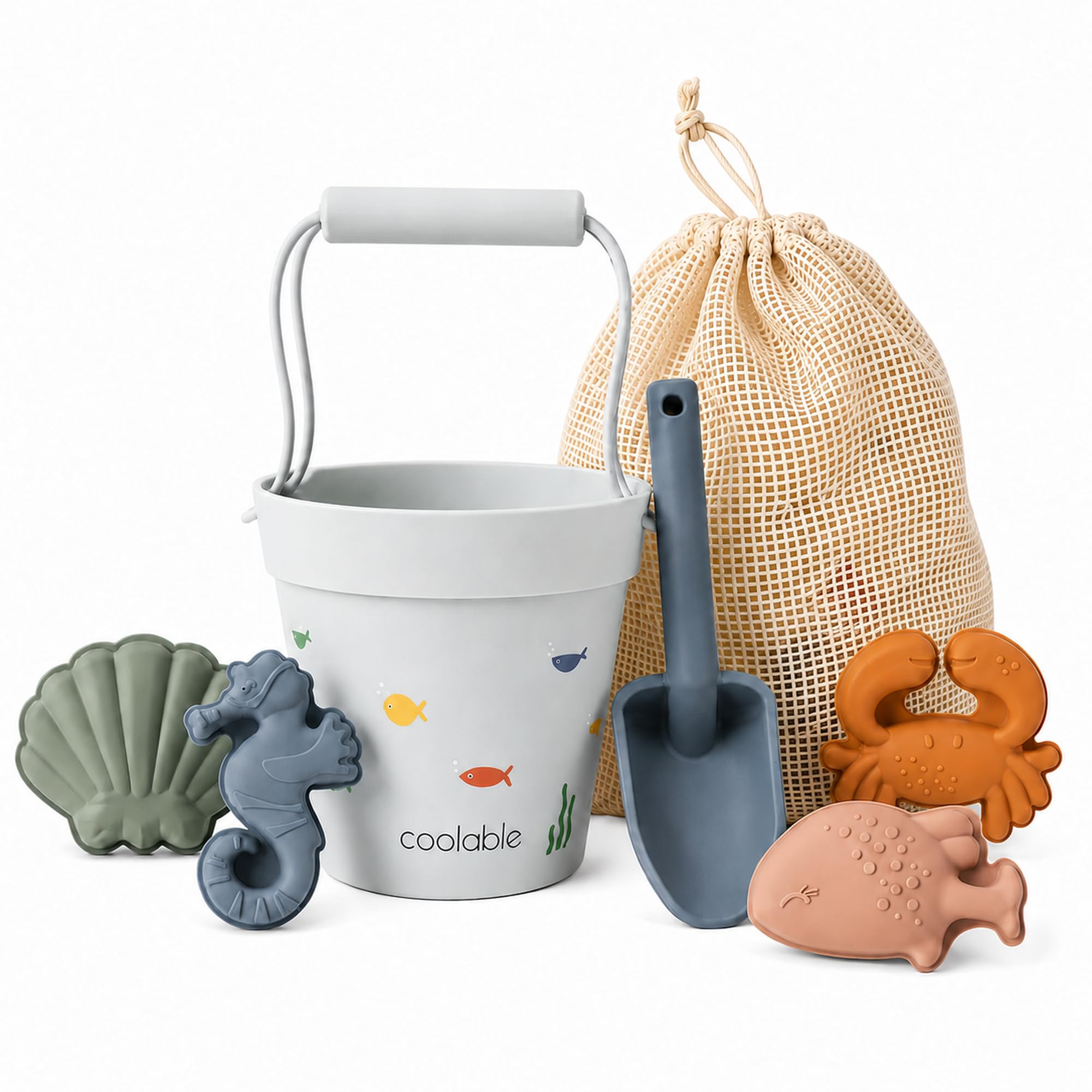 Set di 6 Giocattoli da Spiaggia in Silicone per Bambini - Secchiello Pieghevole, Paletta, 4 Formine e Borsa a Rete - Creature Marine