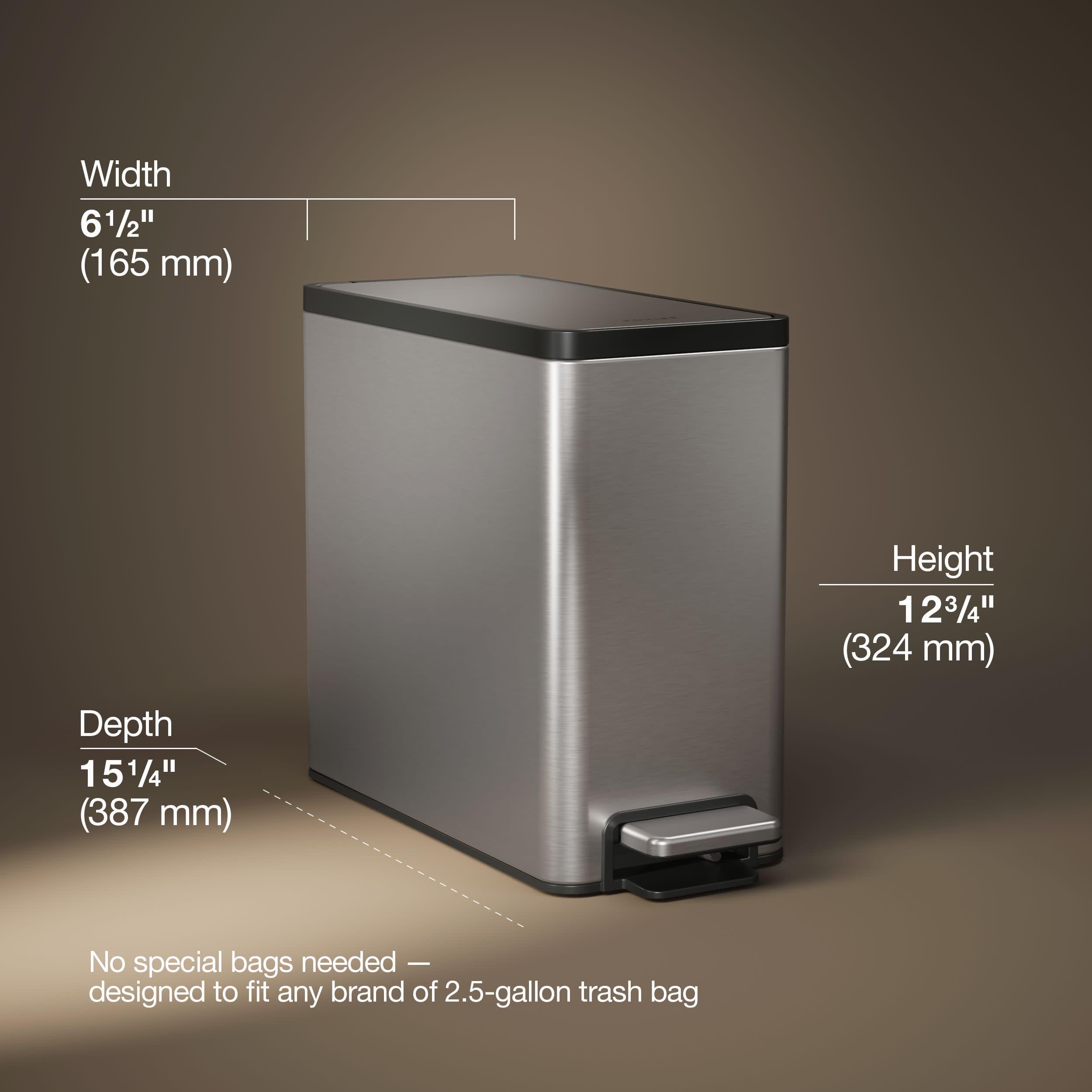 Kohler 20957-ST Kleiner Mülleimer für Badezimmer, 2,5 Liter, mit leise schließendem Deckel und freihändigem Fußpedal, Edelstahl