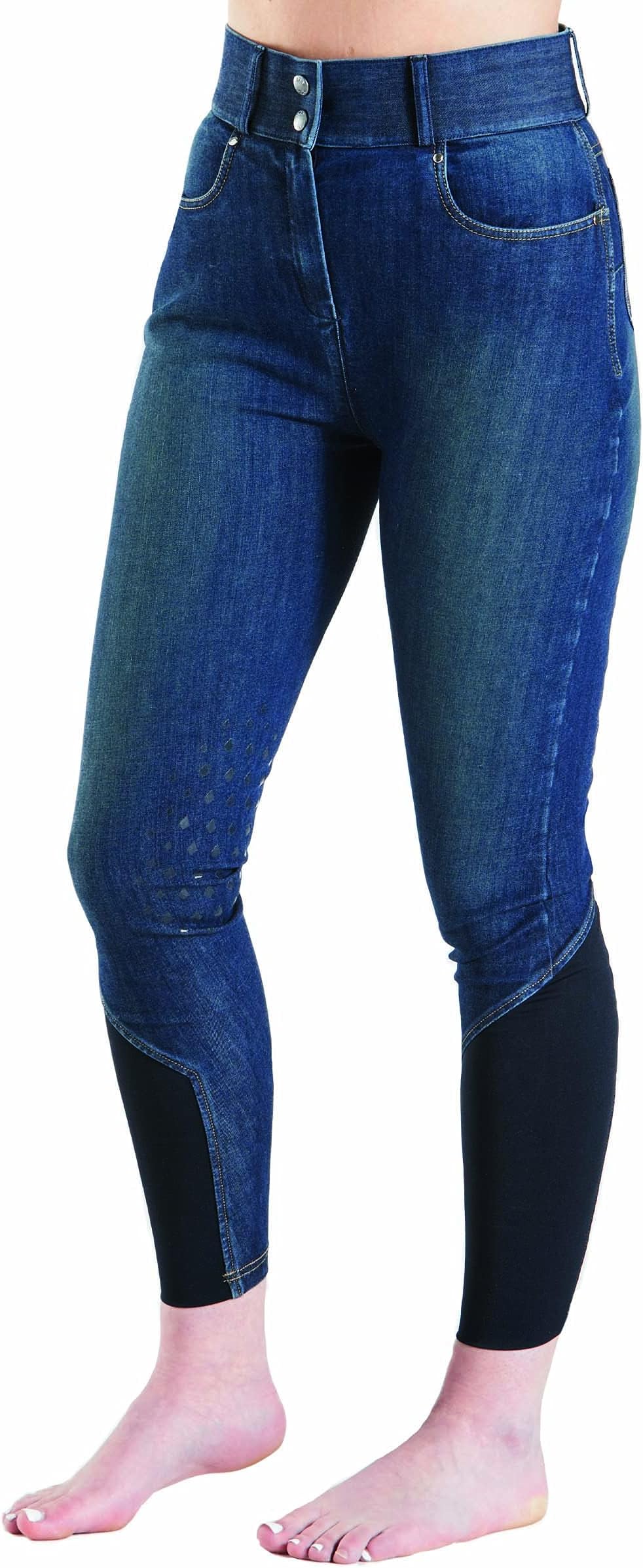 Harry Hall Denim Horse Riding Breeches for Women - Silicone Knee Patch Equestrian Hayton Jean Style Ladies Jodphurs - Comfort Soft Stretchy & High Rise Waist