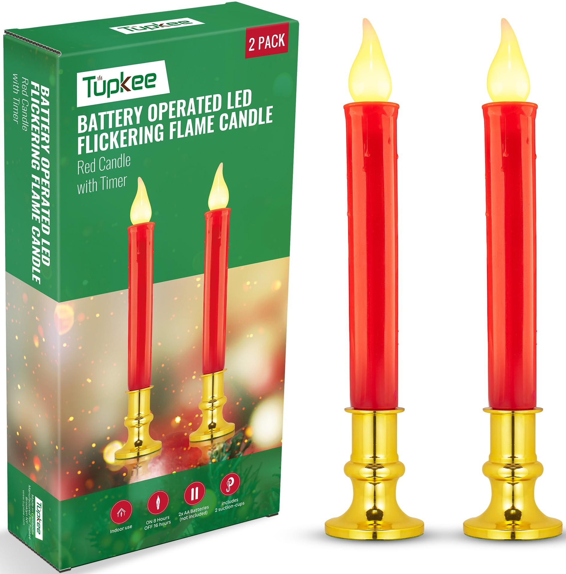 Tupkee Red LED Window Candles – Set of 2 Battery-Operated Flameless Christmas Candles with Flickering Flame & Timer for Holiday Window & Home Home Decoration