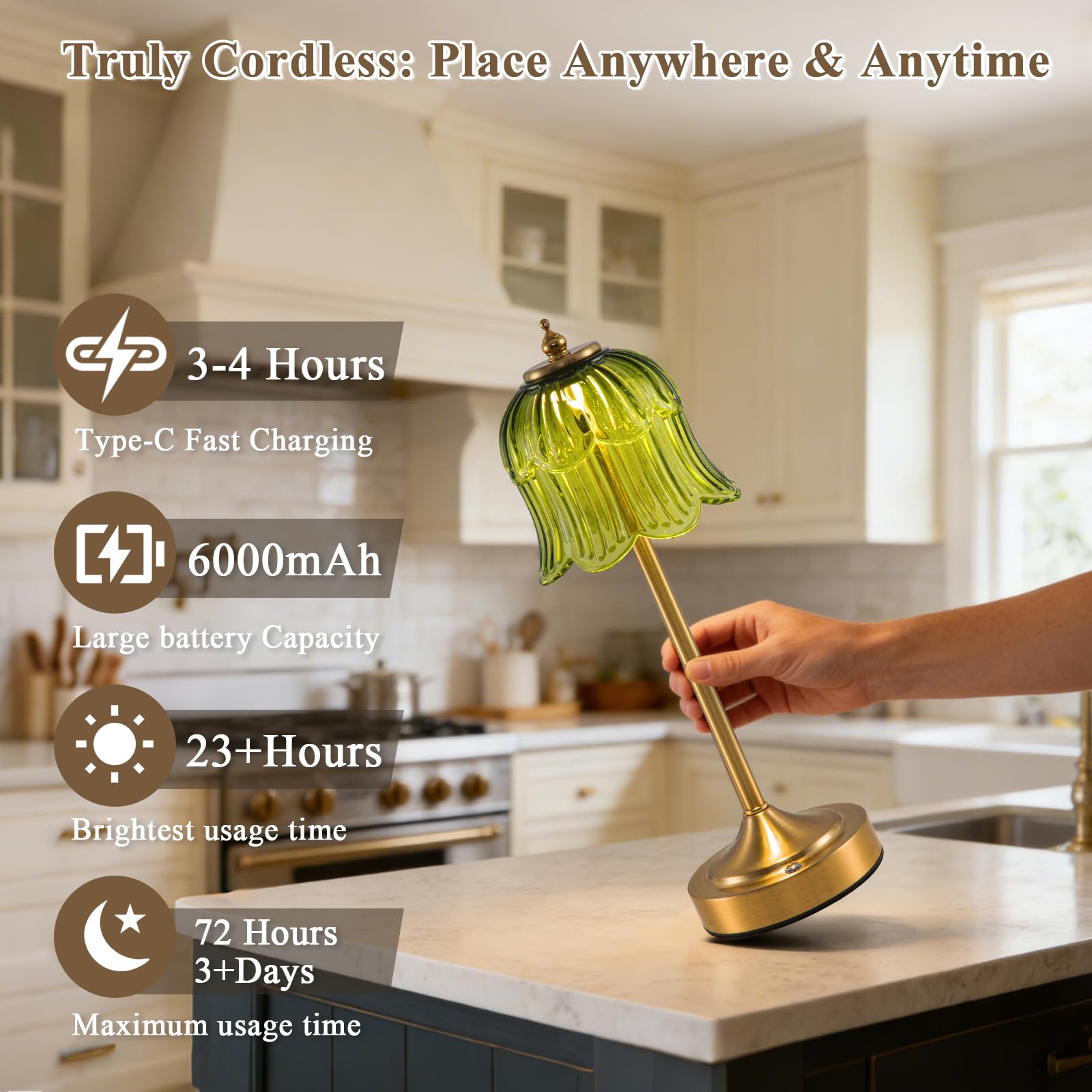 Retro Rose Tischlampe Kabellos, Wiederaufladbar mit 6000mAh Akku, 3 Farbtemperaturen Dimmbar, Tragbare LED-Tischlampe für Esszimmer, Schlafzimmer,Bartheke(Smaragdgrün)