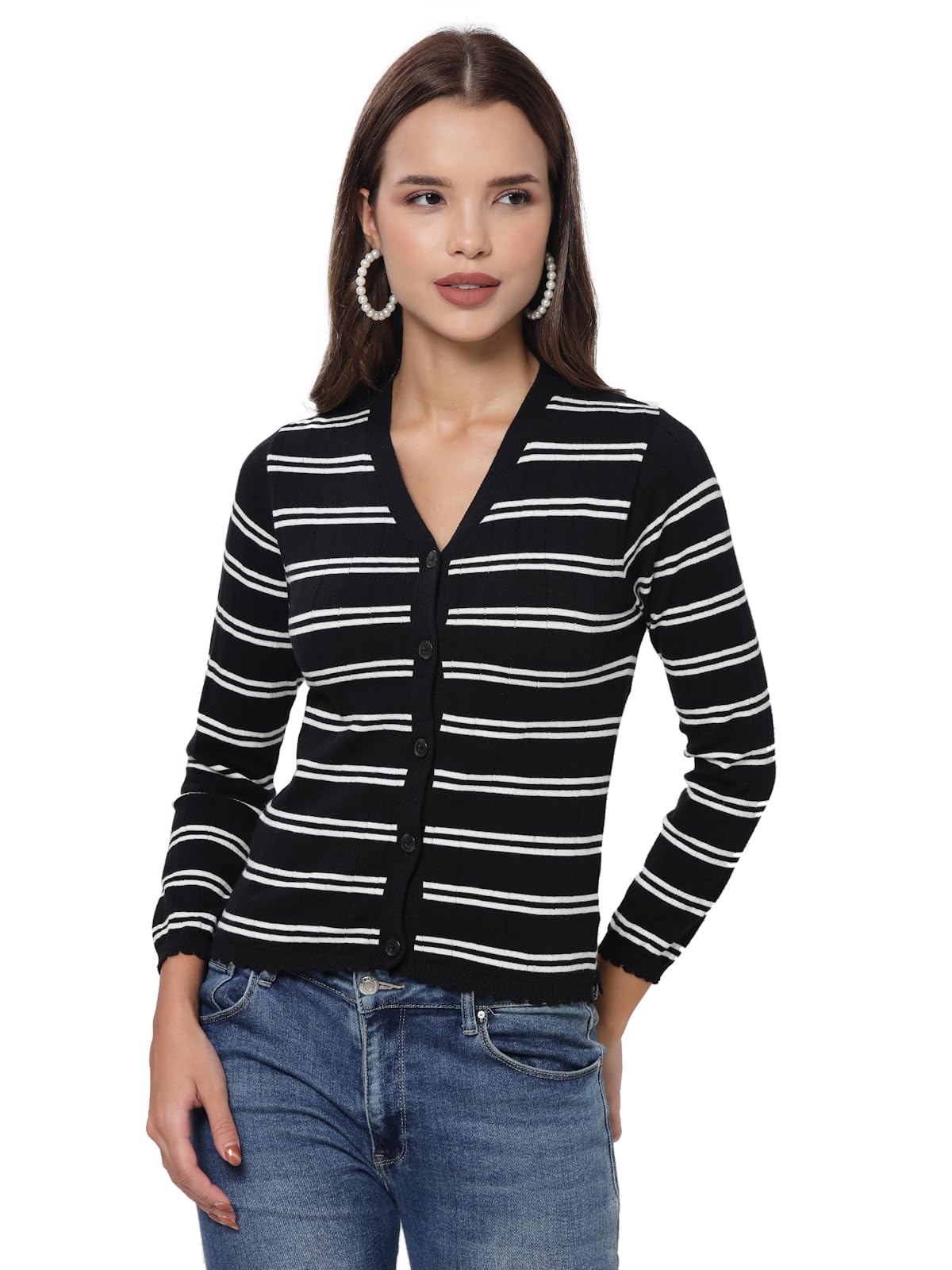 kalt Women Full Sleeves V-Neck Striped Cardigan Top-picture-54