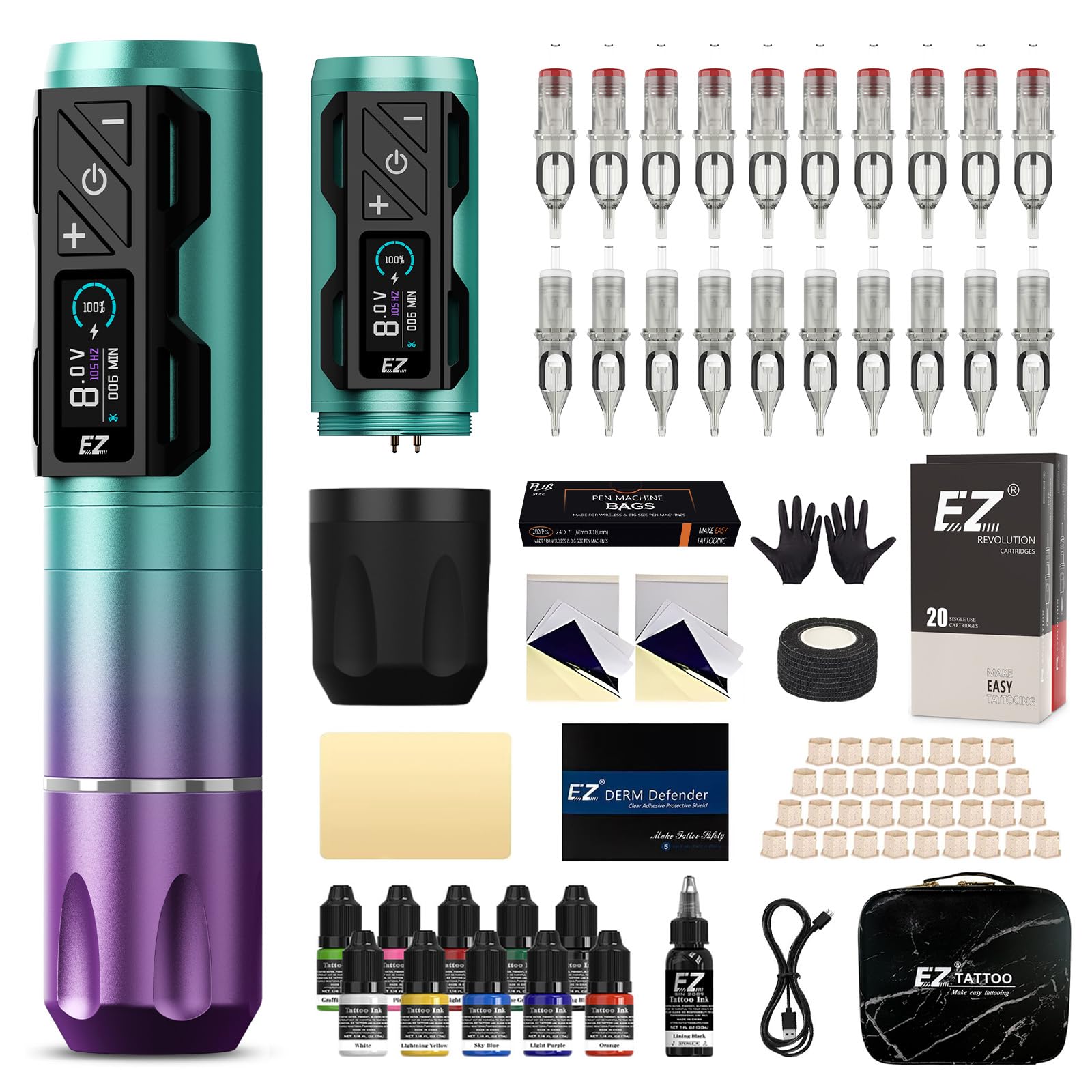 EZ P2S Pro Tattoo Maschine Set - Tattoo Set mit Kabelloser Tattoo Maschine, 1800mAh Stromversorgung Akku, 20 Stück Tattoo Nadeln and 11 Farben Tinten für Tattoo Anfänger und Künstler (Violett Blau)