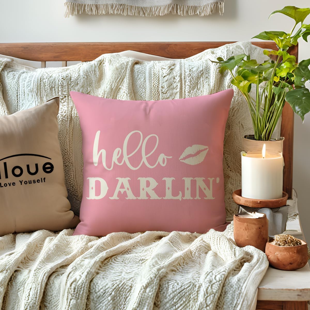 ULOVE LOVE YOURSELF Funny Couple Pillow Covers 18x18 Howdy Cowboy Hello Darlin’ Western Throw Pillowcases Rustic Farmhouse Decor Cushion Covers 2Pack for Cowboy Cowgirl Valentine Decorations (Pink) - Image 2