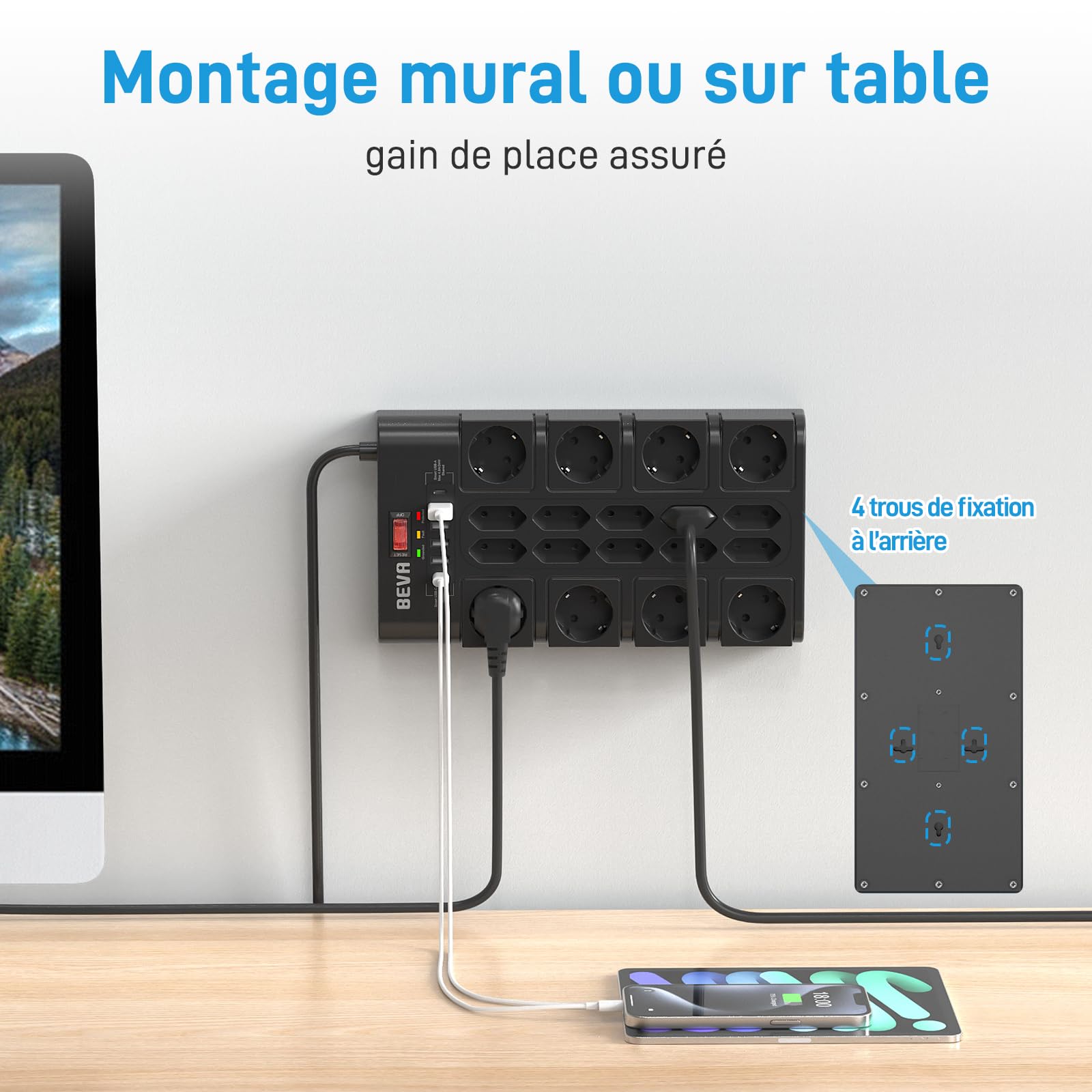 BEVA 18 Prises Multiprise,2100J Multiprise Parafoudre et Surtension,Noir | 3680W/16A Prise Electrique 4 USB-A +2 USB-C(15W), Prise Multiple avec Terre, Câble 2M