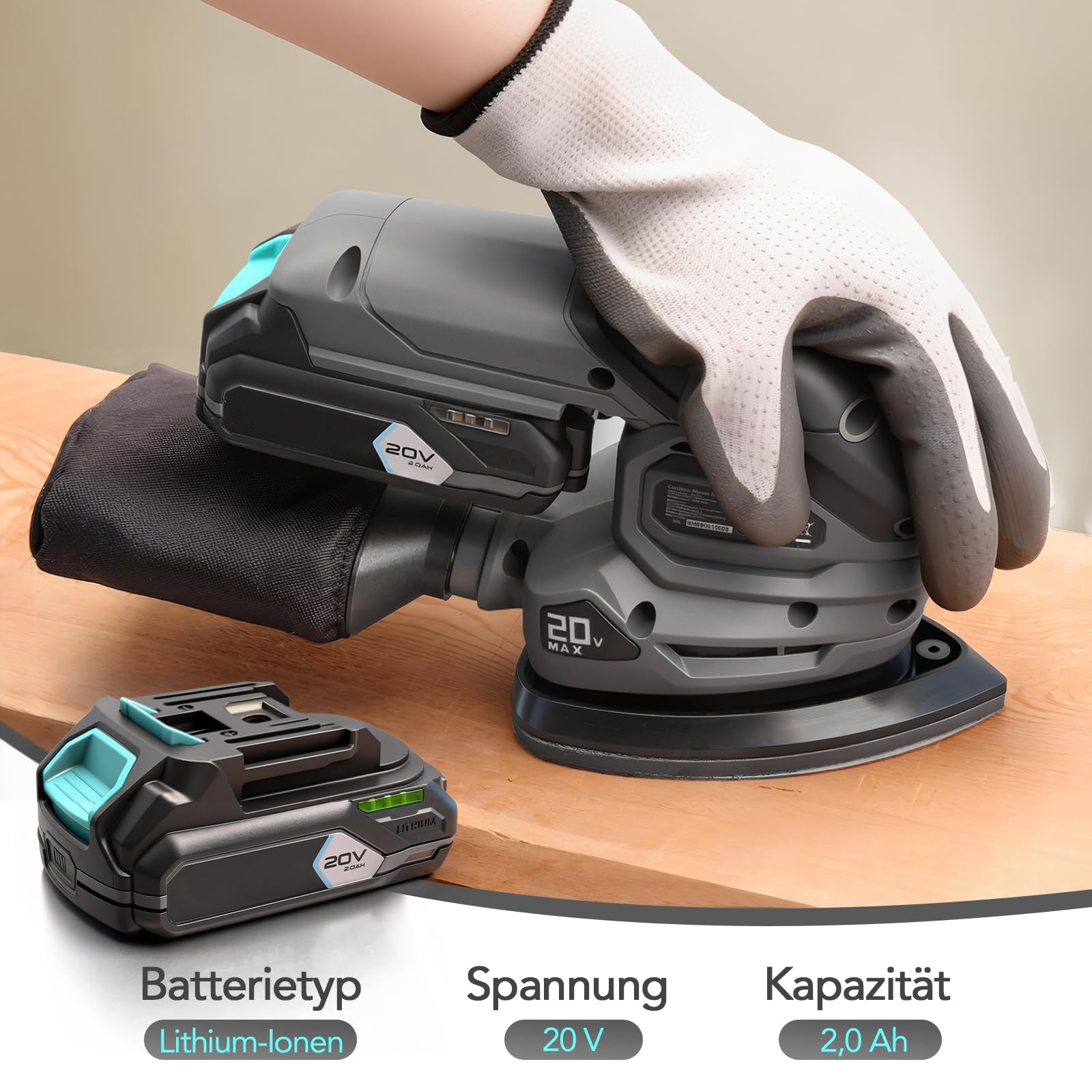 20V Akku Deltaschleifer, Multischleifer, 12000 U/min, Mini Schleifmaschine mit Staubfangbeutel, 20 Schleifpapiere, ergonomischem & 2,0Ah Akku mit Ladegerät, Schwingschleifer für Holz & Wände