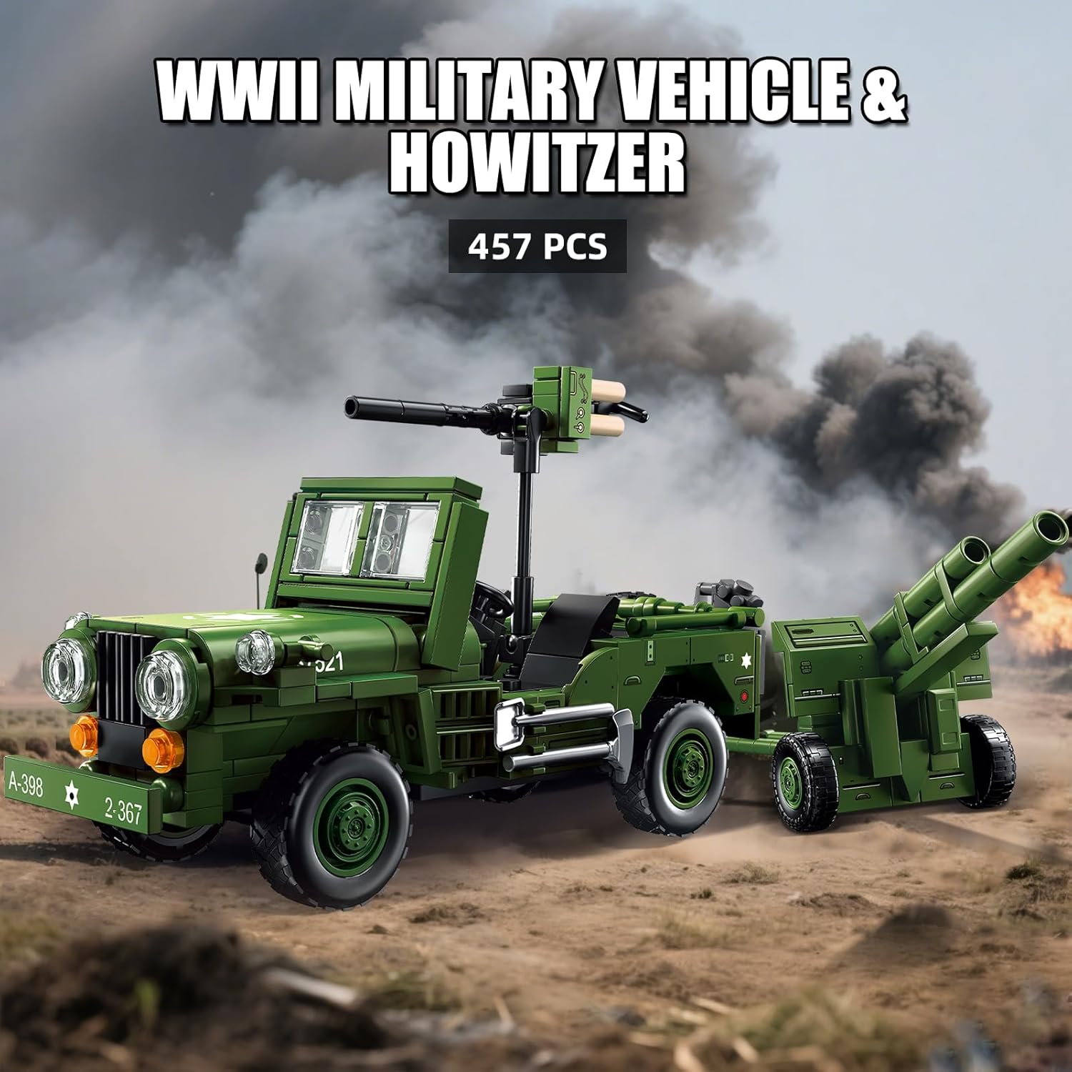 WWII Light Military Utility Vehicle Building Block Set with Towable Field Artillery, Compatible with Lego, Classic WWII Recon Vehicle Model Kit for Adults & Teens (457 Pieces)