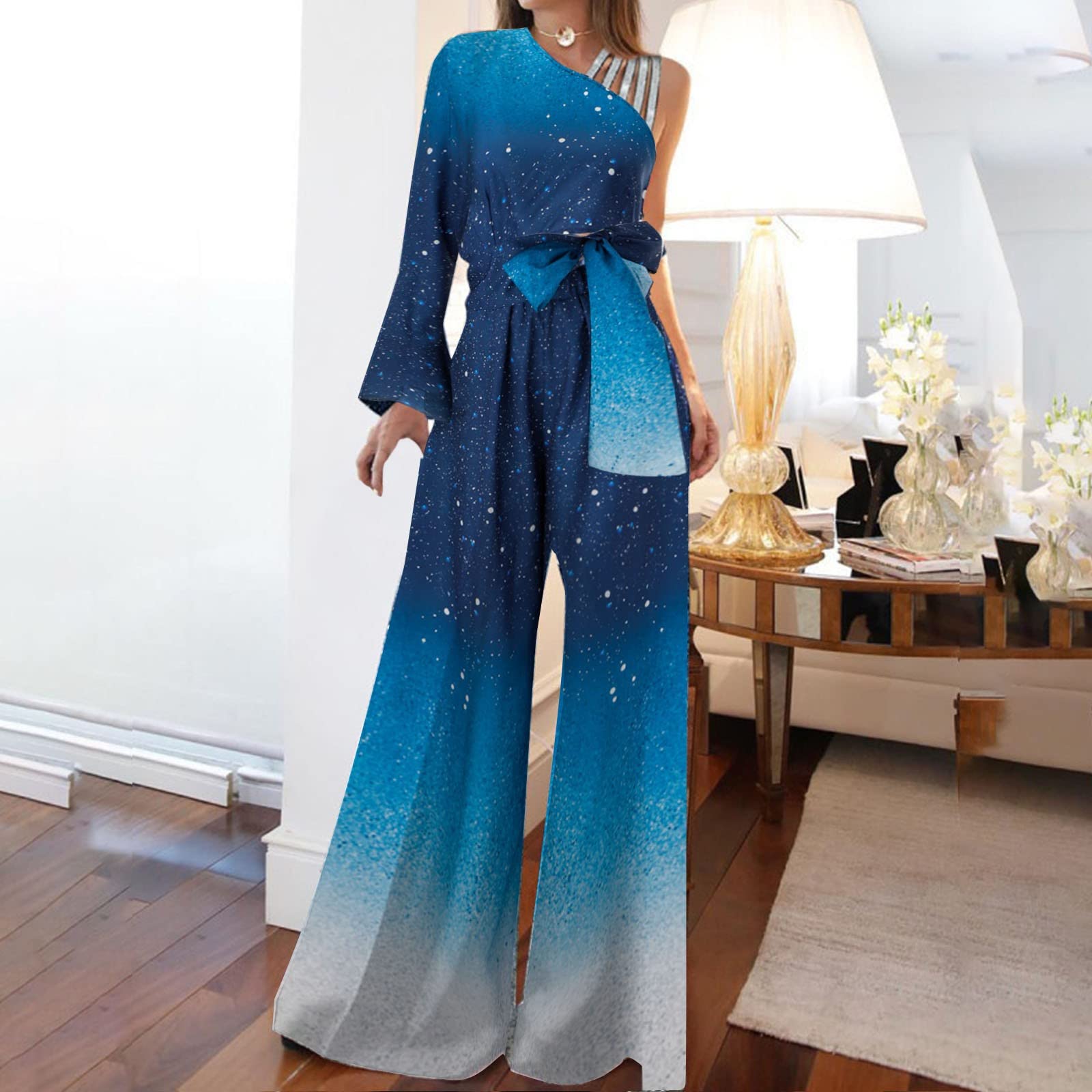 Mono con purpurina para mujer, de verano, largo, multicolor, con un hombro, dos colores, sexy, hombros descubiertos, una pieza, piernas anchas, elegante, traje de pantalón de cintura alta