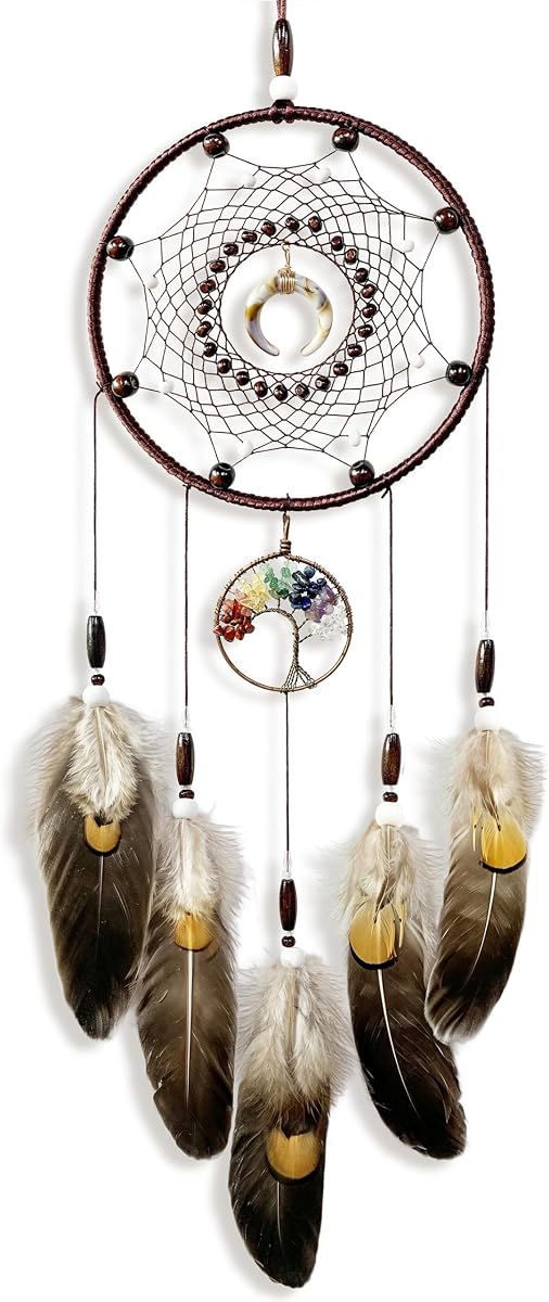 Dream Catchers,Dream Catcher Adult Crystal Tree of Life with Crescent Moon | Handmade Feather Dreamcatcher for Bedroom, Kids,and Boys-Native American Home Wall Decor;Ornament,Art,Craft Gift