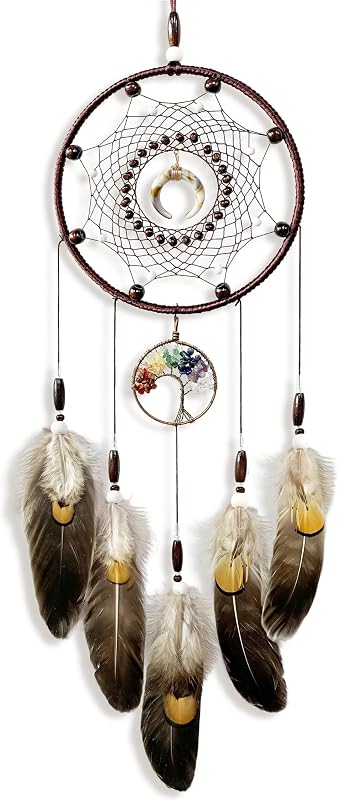 Dream Catchers,Dream Catcher Adult Crystal Tree of Life with Crescent Moon | Handmade Feather Dreamcatcher for Bedroom, Kids,and Boys-Native American Home Wall Decor;Ornament,Art,Craft Gift