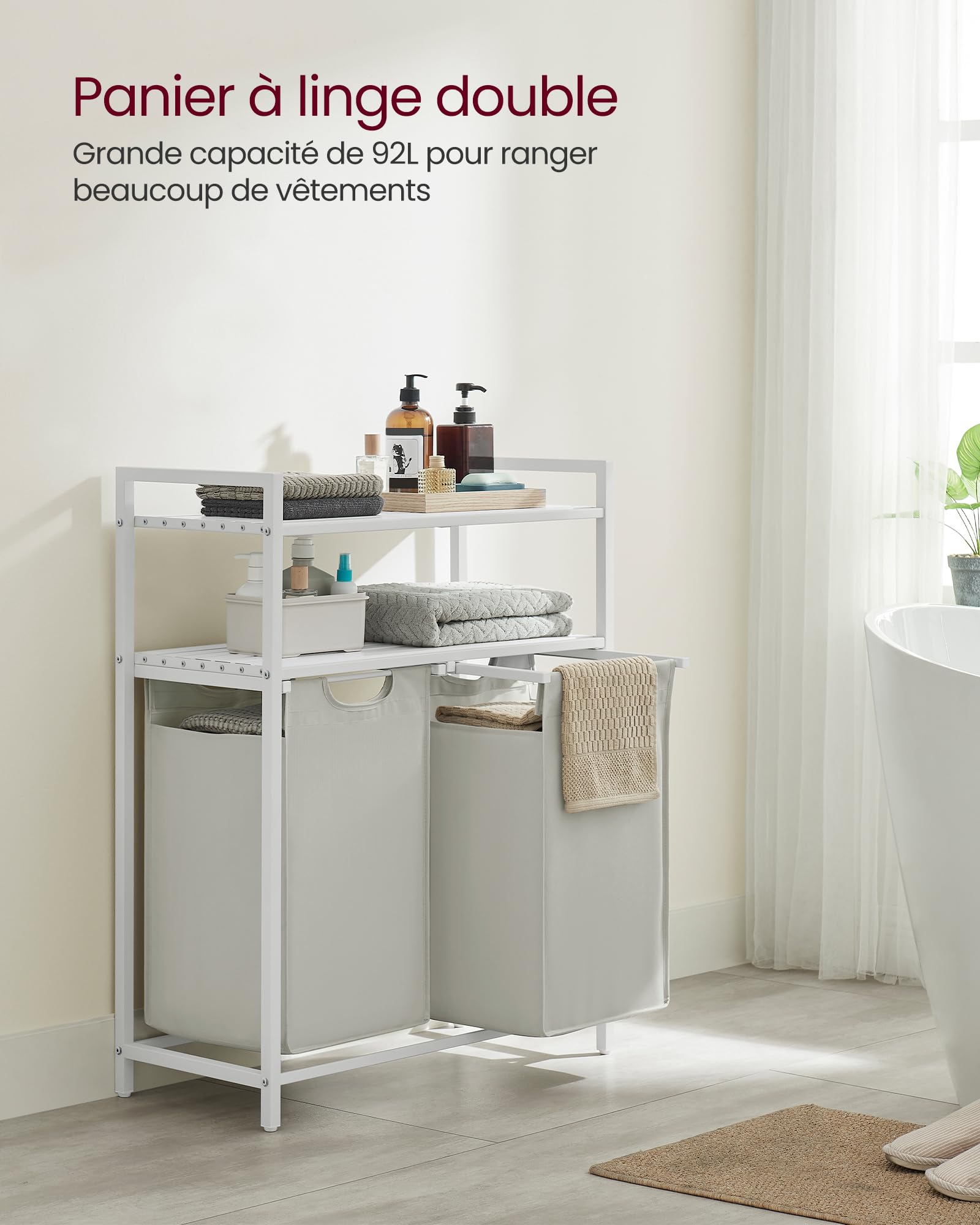 VASAGLE Panier à Linge Double avec 2 Étagères et Barre de Suspension