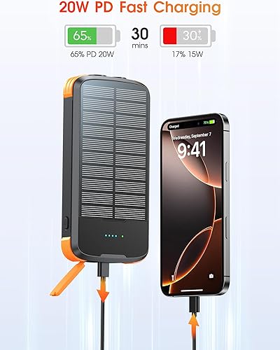 Miniatura 4 de Cargador solar con cargador de batería externa PD de 20 W de carga rápida, cargador de teléfono portátil de 40000 mAh, 4 cables integrados con