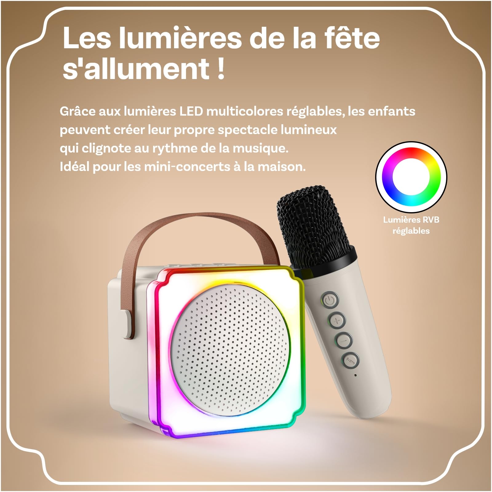 Machine à Karaoké avec 2 Microphone sans Fil pour Enfants par MMOBIEL – Enceinte Bluetooth Portable, 2 Microphone, Effets de Voix, Lumière LED – Micro Karaoke, Cadeau Fille, Garcon, Enfants 3+, Beige