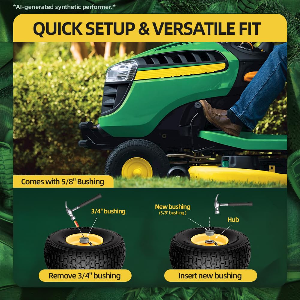 15x6.00-6nhs Pneus pour tondeuse à gazon (lot de 2), Pneus avant de rechange pour tondeuse autoportante - Avec moyeu central de 3" et douilles de 3/4", Douilles supplémentaires de 5/8" (Jaune