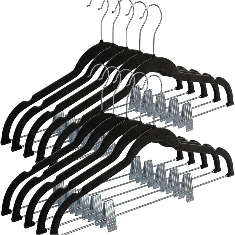 Kit 10 Cabide de Veludo Slim com Presilha de Metal – Preto, Cinza ou Bege | Antiaderente, Reforçado e Elegante