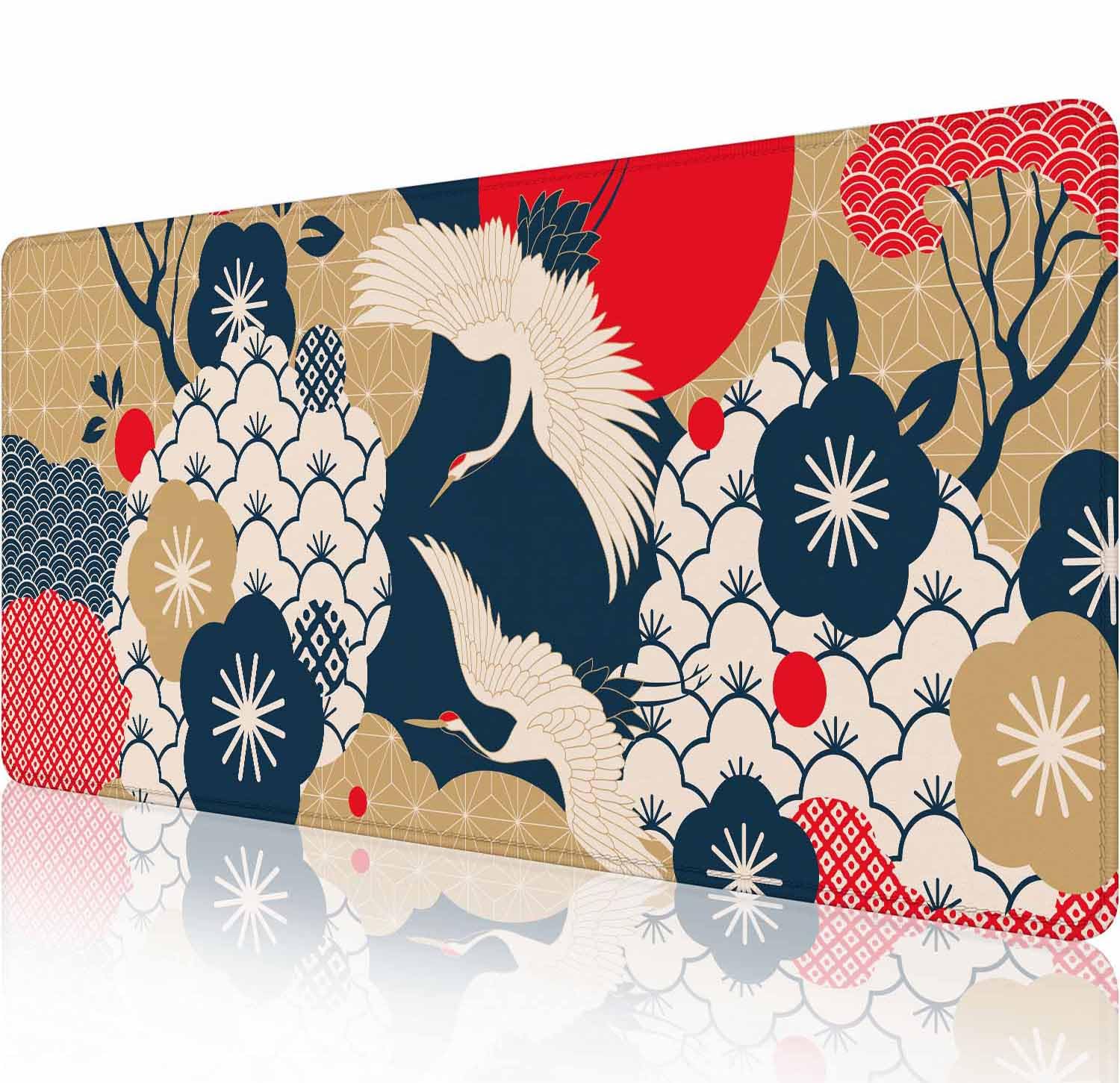 Gaming Mouse Pad XXL XL Large Mouse Pad Mat Long Extended Mousepad Desk Pad Non-Slip Rubber Mouse Pads Stitched Edges Thin Pad (31.5x11.8x0.12 Inch)-Cherry Blossoms and Flamingo