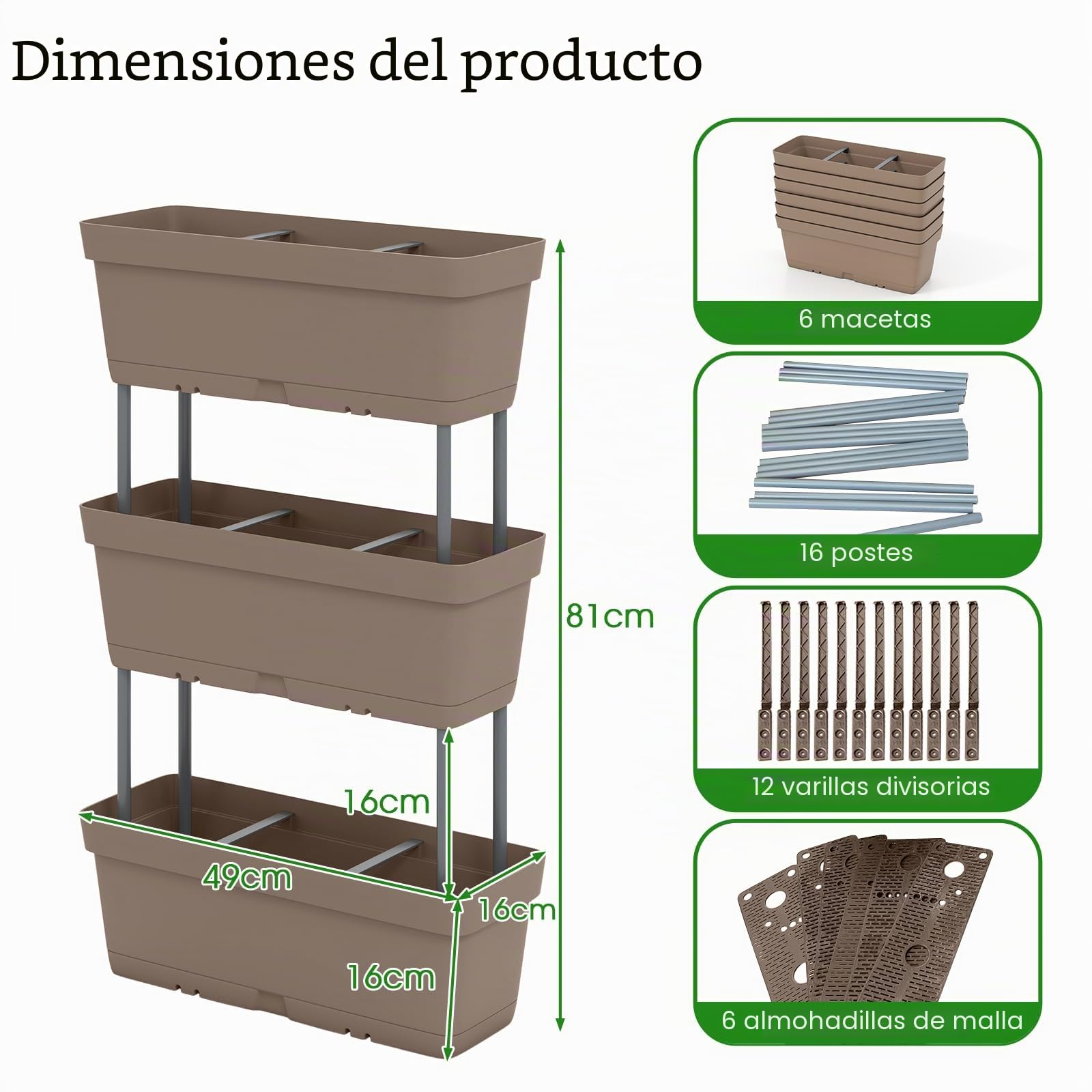 HOMASIS Juego de 6 Macetas para Flores, Jardinera Vertical para Exterior con Sistema de Drenaje, Combinación Libre, Almohadilla de Jardín Elevada en PP para Frutas, Hierbas, Vegetales (Gris)