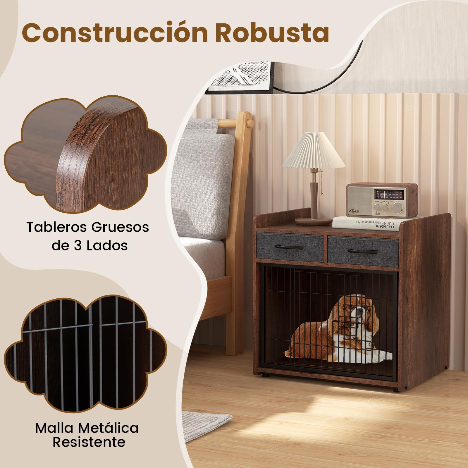 GOPLUS Mueble para Perros, Caja de Madera con 2 Cajones de Tela, Puerta Bloqueable, Caseta para Perro Interior, Mesa de Caja Resistente para Perros Pequeños y Medianos