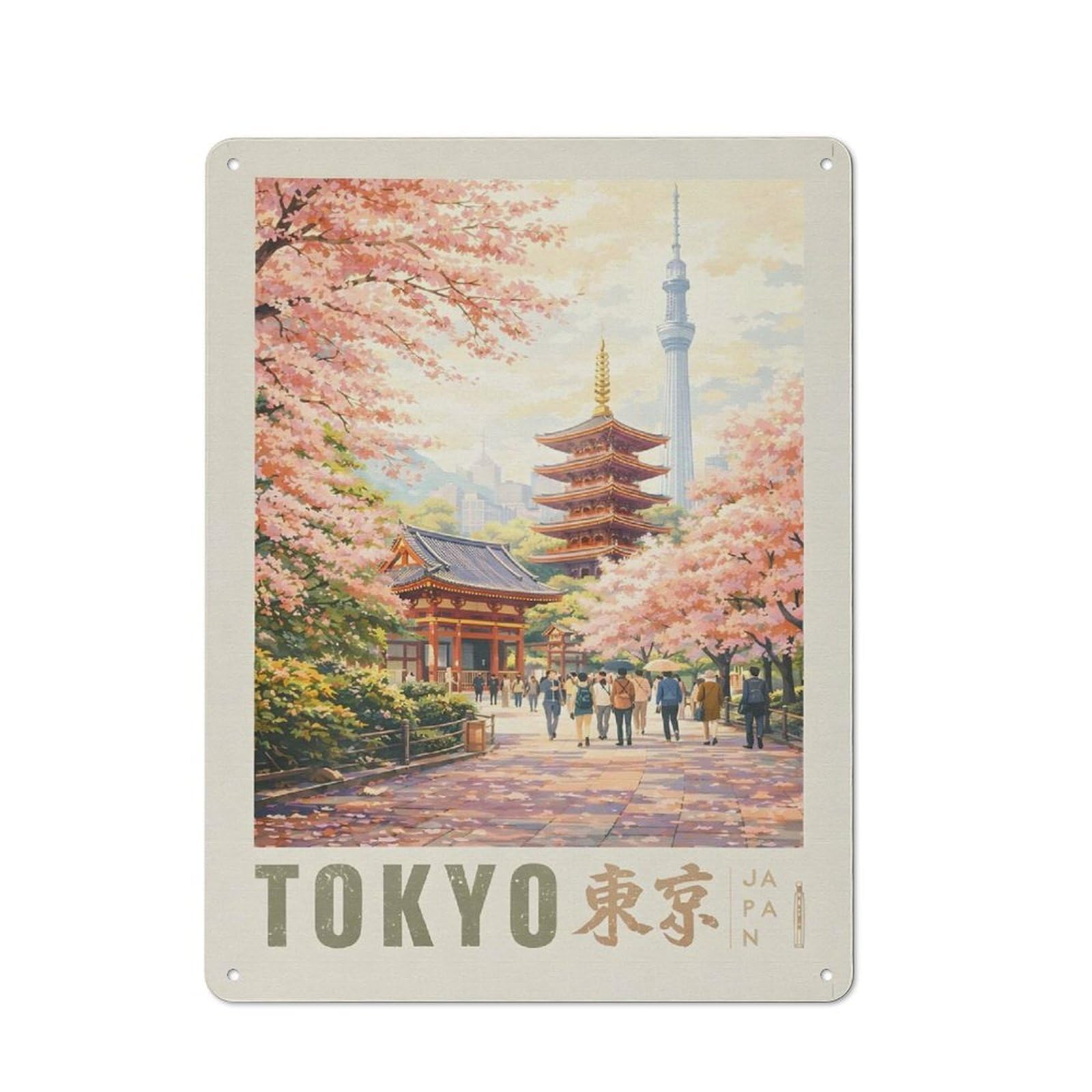 Barn Style Farmhouse Metal Sign 40x30cm Featuring Tokyo Cherry Blossoms And Pagoda, Cottage Wall Art for Kitchen, Cottage, Porch Or Garden Room